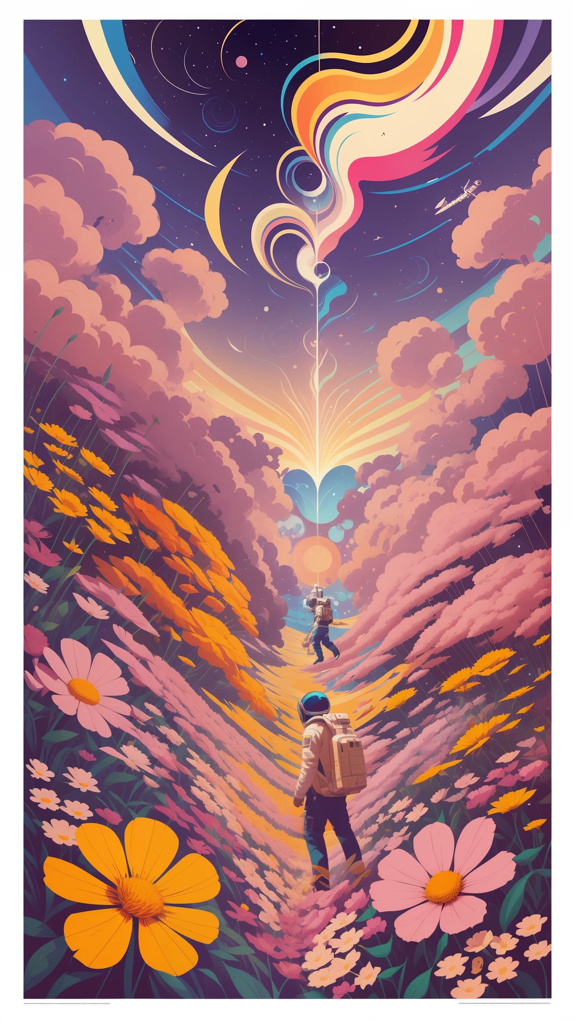 painting of an astronaut in a field of flowers, by Tomokazu Matsuyama, full of colors and rich detail, craig mullins style, jen bartel, josan gonzales, beeple and jeremiah ketner, beeple and james jean, by Justin Gerard, in a cosmic field, laurie greasley and james jean, inspired by Tomokazu Matsuyama