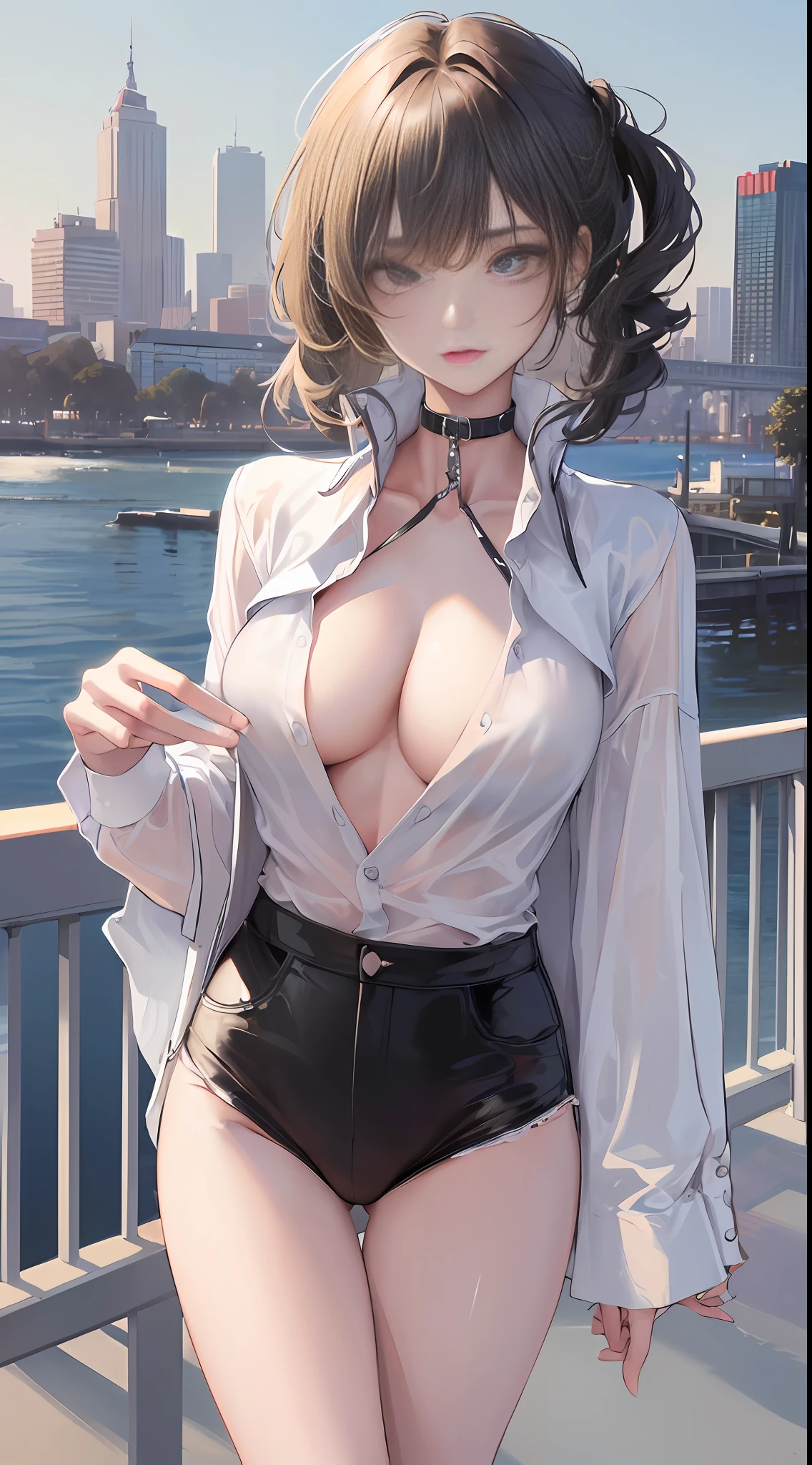 ((Top Quality, 8K, Masterpiece: 1.3)), Sharp Focus: 1.2, Cute Beauty with Perfect Figure: 1.4, Slim Big: 1.2, ((Black Casual Hairstyle, Big: 1.2, Big: 1.2)), (Oversized Shirt, Buttoned Shirt, Open Shirt, White Shirt), (Men's Shirt), (Semi-nude, Ecstatic, Standing: 1.2, Sexy Pose), (( Simple balcony: 1.3 created mainly by women)), very detailed face and skin texture, fine eyes, double eyelids, slave chains, slave collars, harnesses,