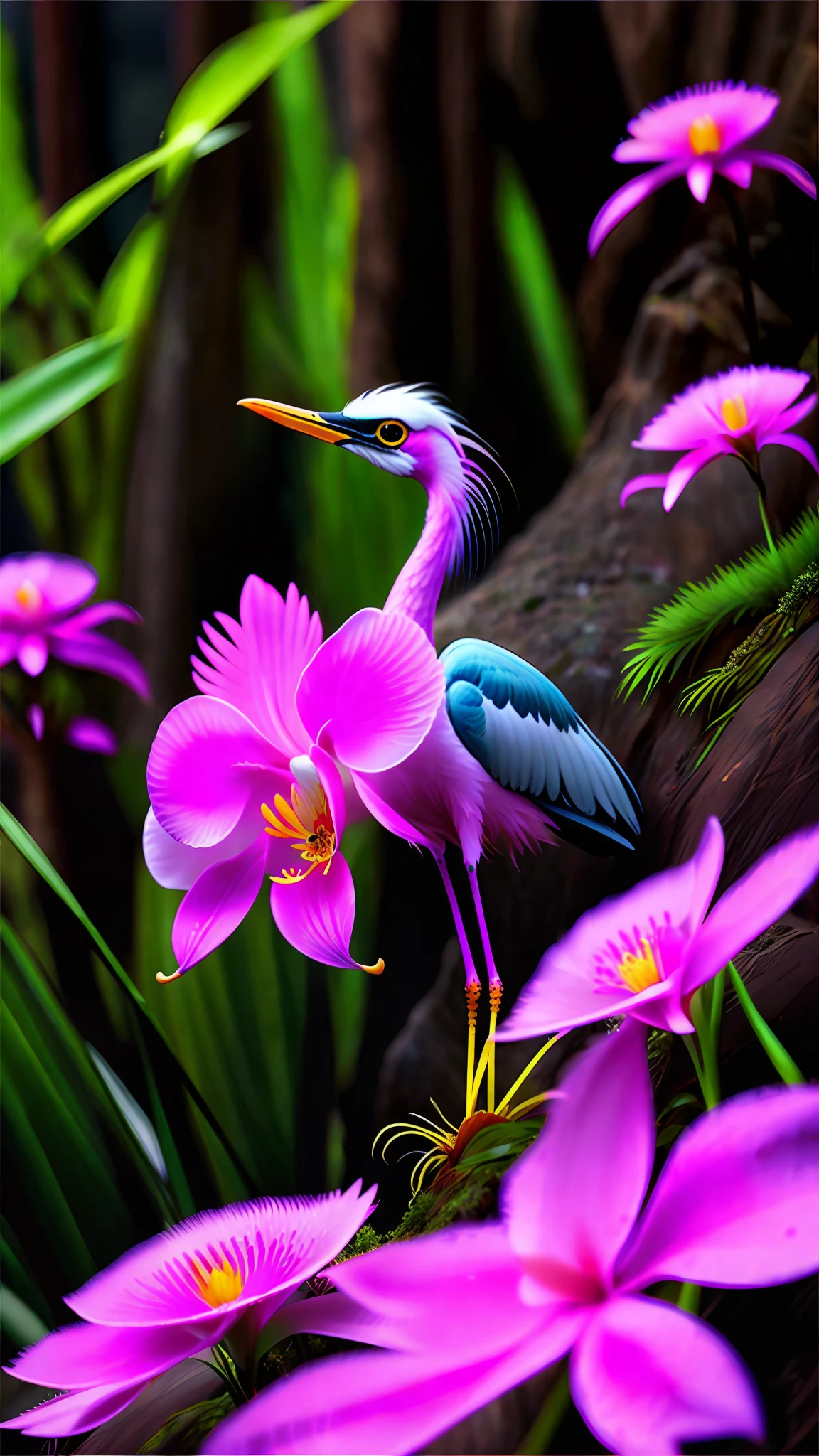 https://s.mj.run/1IRpU8DMogk On a sunny day, the pink purple Fly Egret Orchid grows on the steep mountain slope seam, with flowers resembling flying egrets and some moss. The petals are clear and delicate, frogs, with a blurry background, lifelike, realistic photos, ultra high definition, 16K high definition, high-definition --s 750 --upbeta --q 5 --v 5 --ar 9:16