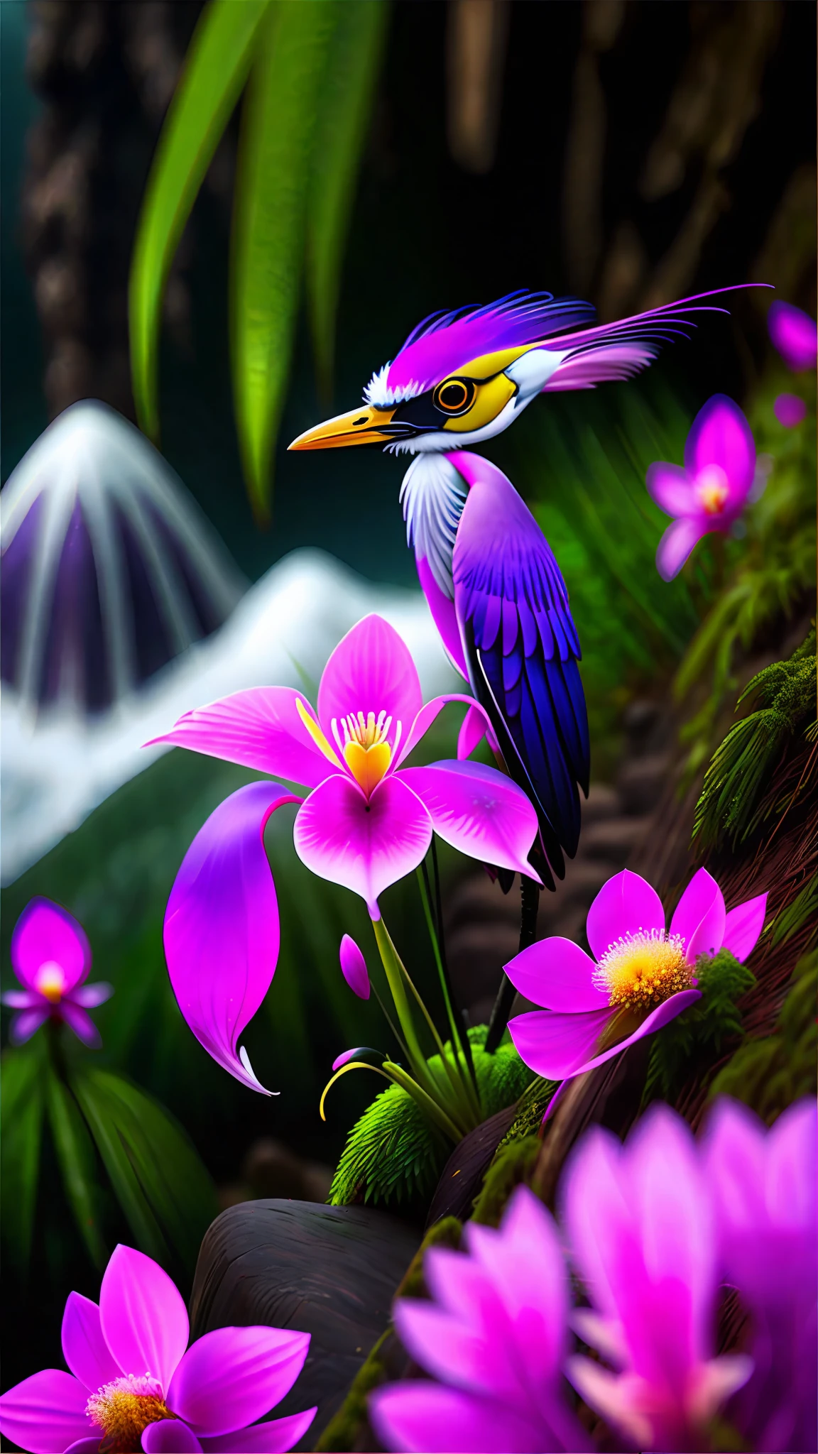https://s.mj.run/1IRpU8DMogk On a sunny day, the pink purple Fly Egret Orchid grows on the steep mountain slope seam, with flowers resembling flying egrets and some moss. The petals are clear and delicate, frogs, with a blurry background, lifelike, realistic photos, ultra high definition, 16K high definition, high-definition --s 750 --upbeta --q 5 --v 5 --ar 9:16