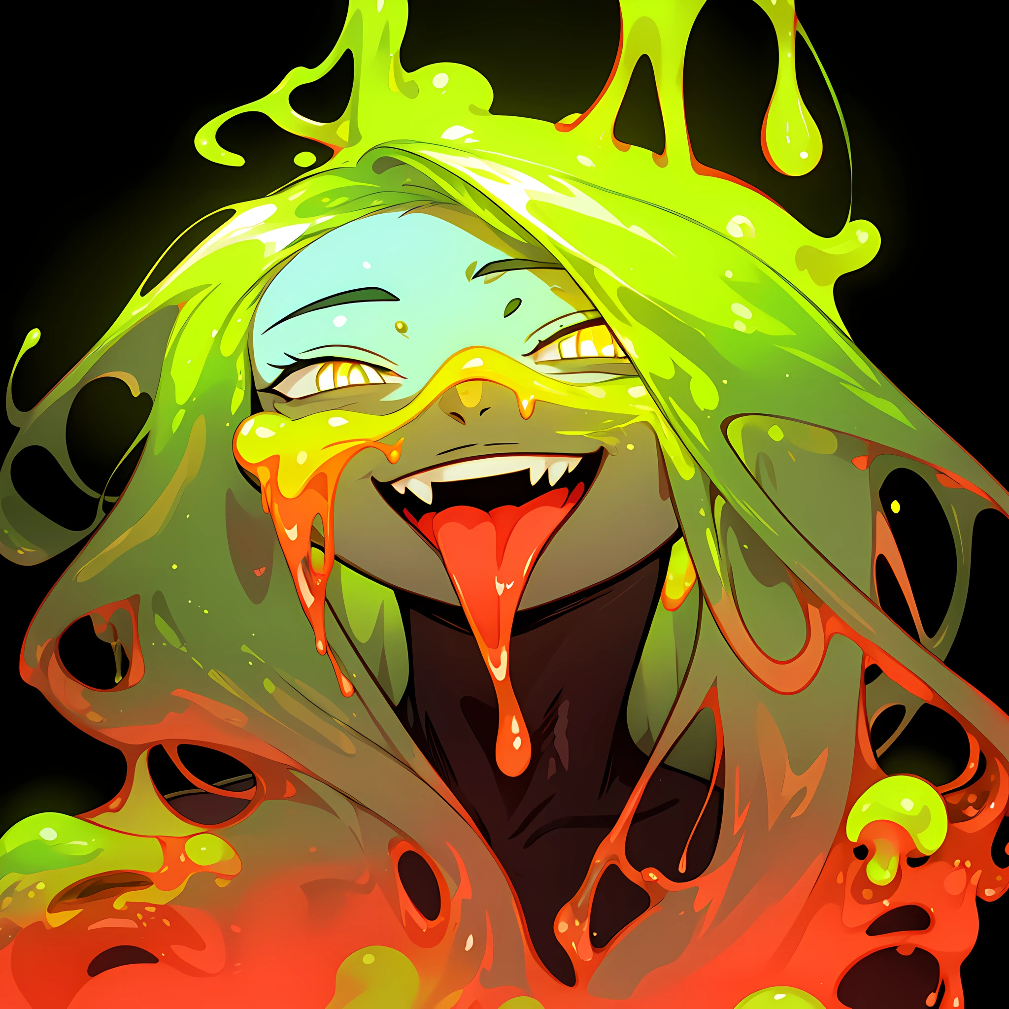 yellow, minimalist, artwork, neon eyes, neon tongue, neon, goo in the face, toxic goo, toxic, toxic, 1 girl, crazy smile, big tongue, goo, neon goo, cum goo, naughty smile, abstract, vampire tooth, goo, detailed, 2d, long hair, black background, black in general