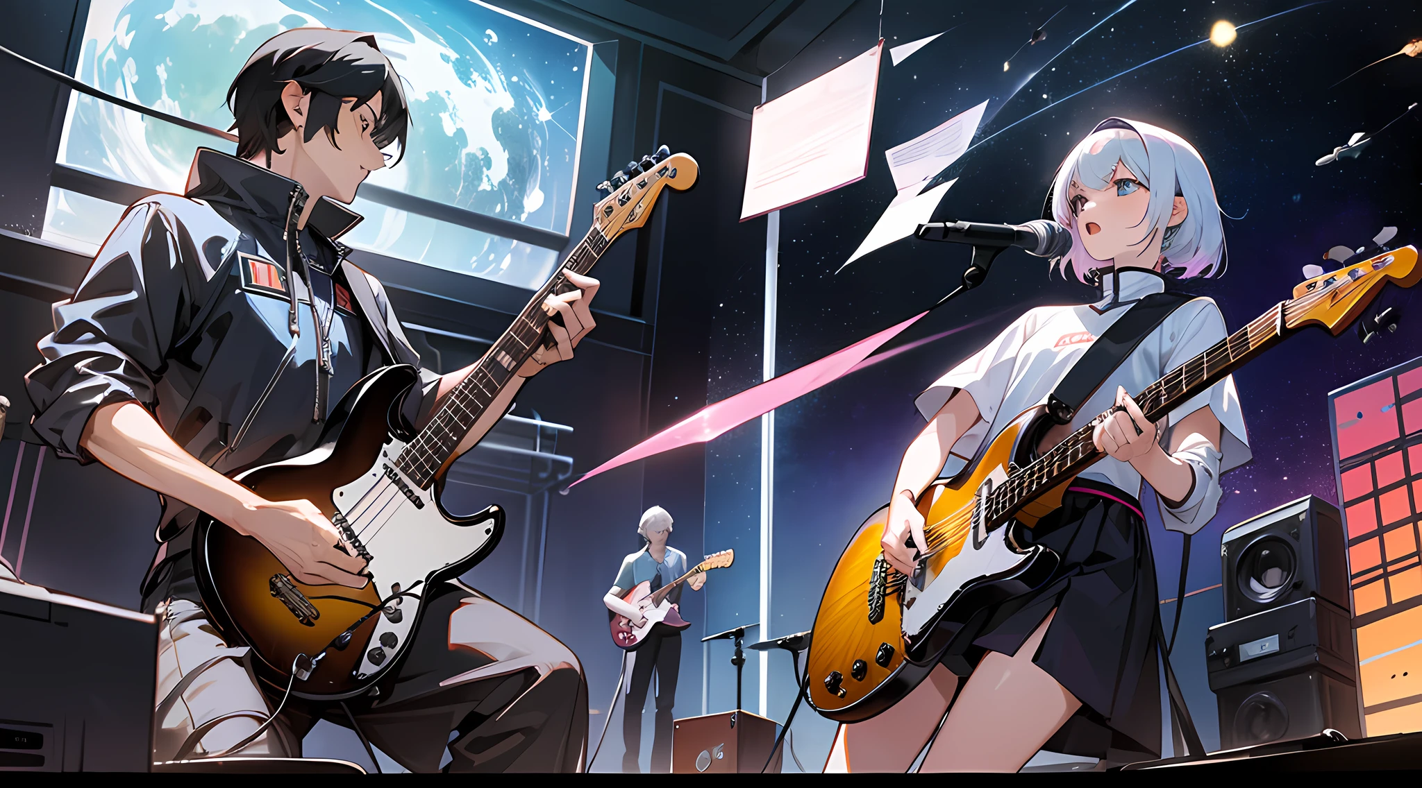 A band of 5 people performing in space, two guitarists, a bassist, a keyboardist, and a drummer, (small scenes with large characters) and rich details --auto --s2