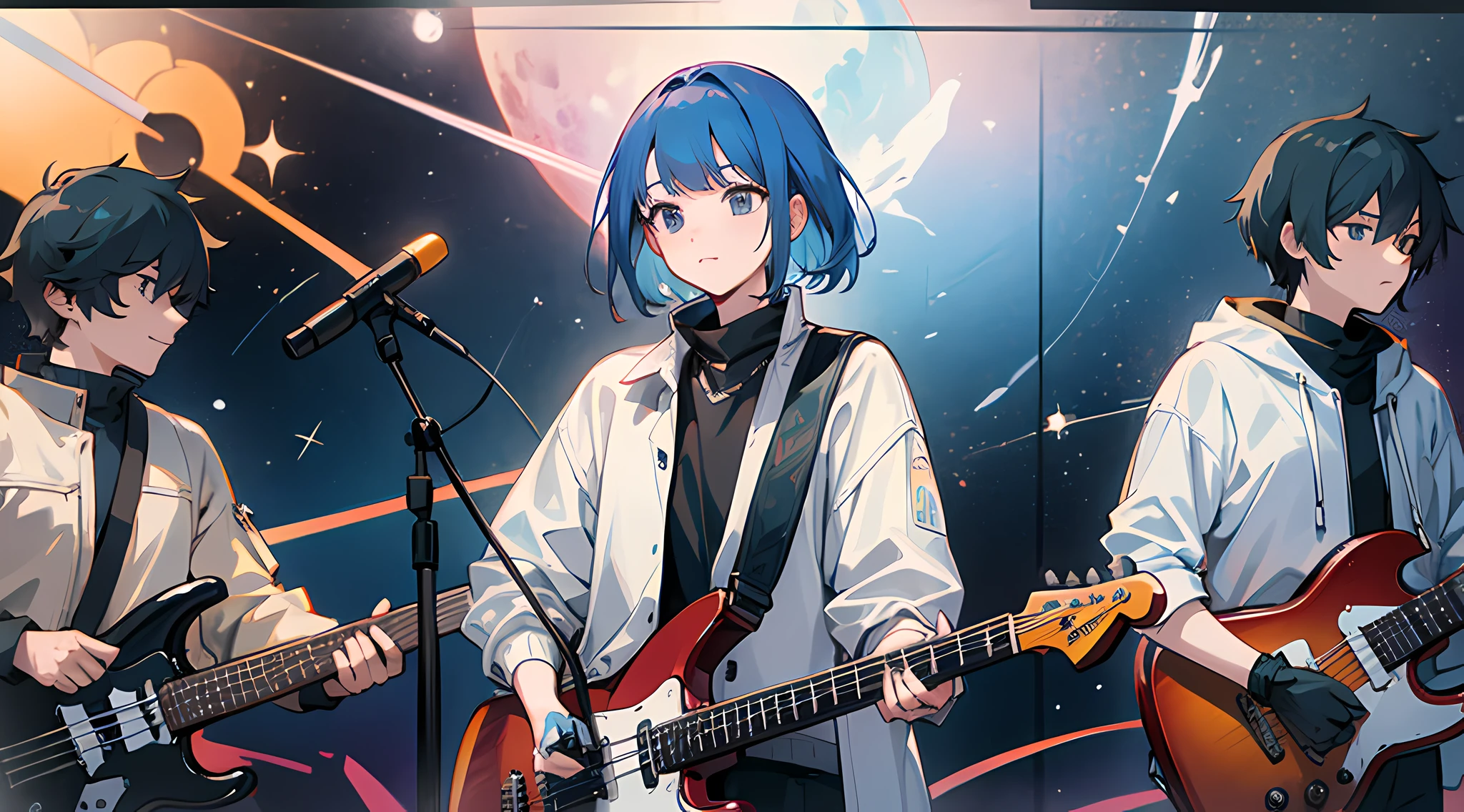 A band of 5 people performing in space, two guitarists, a bassist, a keyboardist, and a drummer, (small scenes with large characters) and rich details --auto --s2