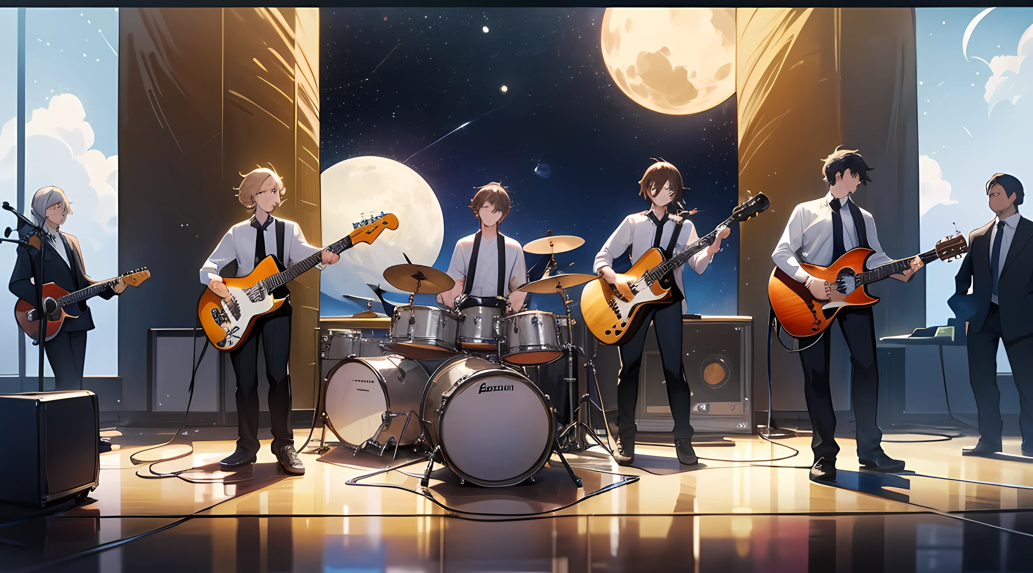 A band of 5 people performing in space, two guitarists, a bassist, a keyboardist, and a drummer, (small scenes with large characters) and rich details --auto --s2