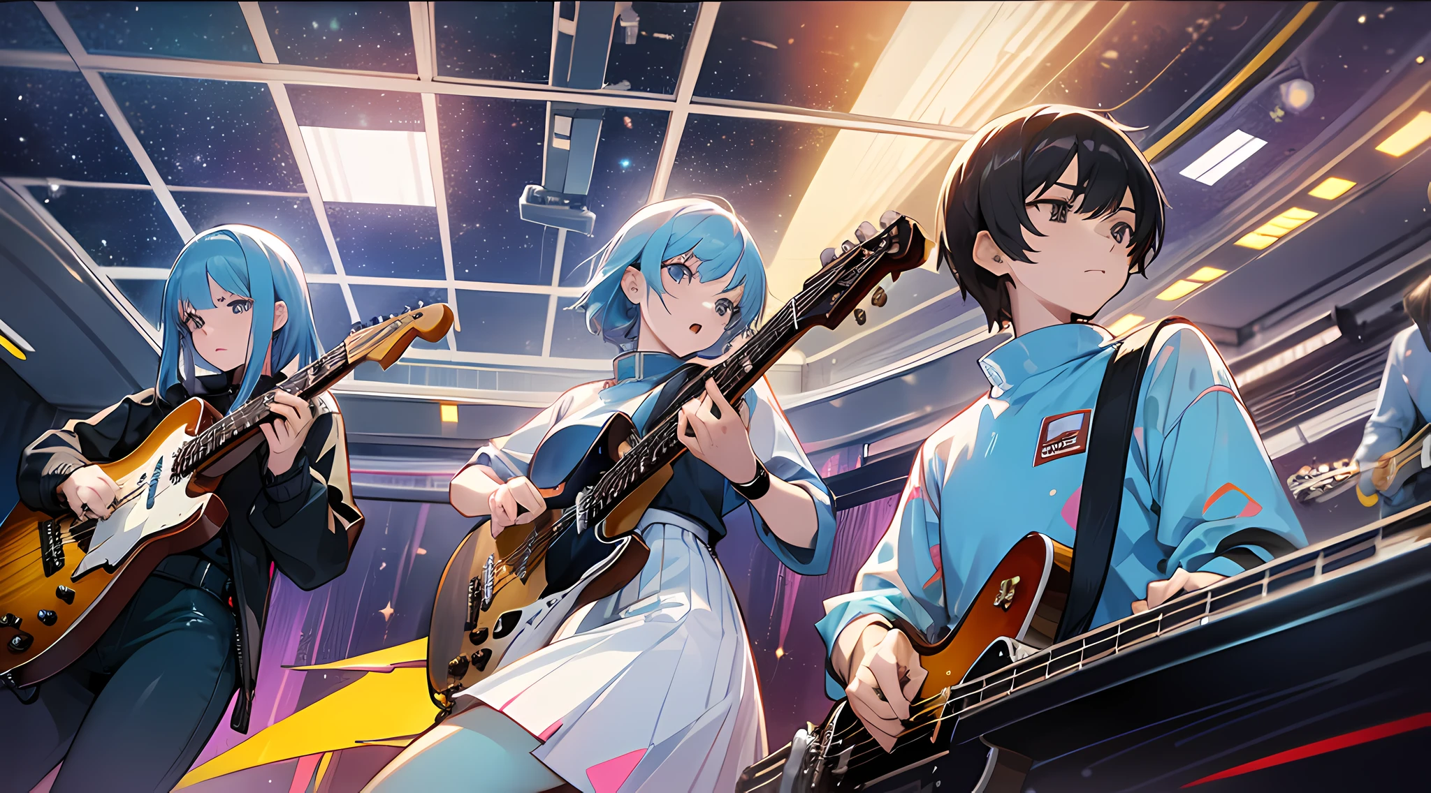 A band of 5 people performing in space, two guitarists, a bassist, a keyboardist, and a drummer, (small scenes with large characters) and rich details --auto --s2