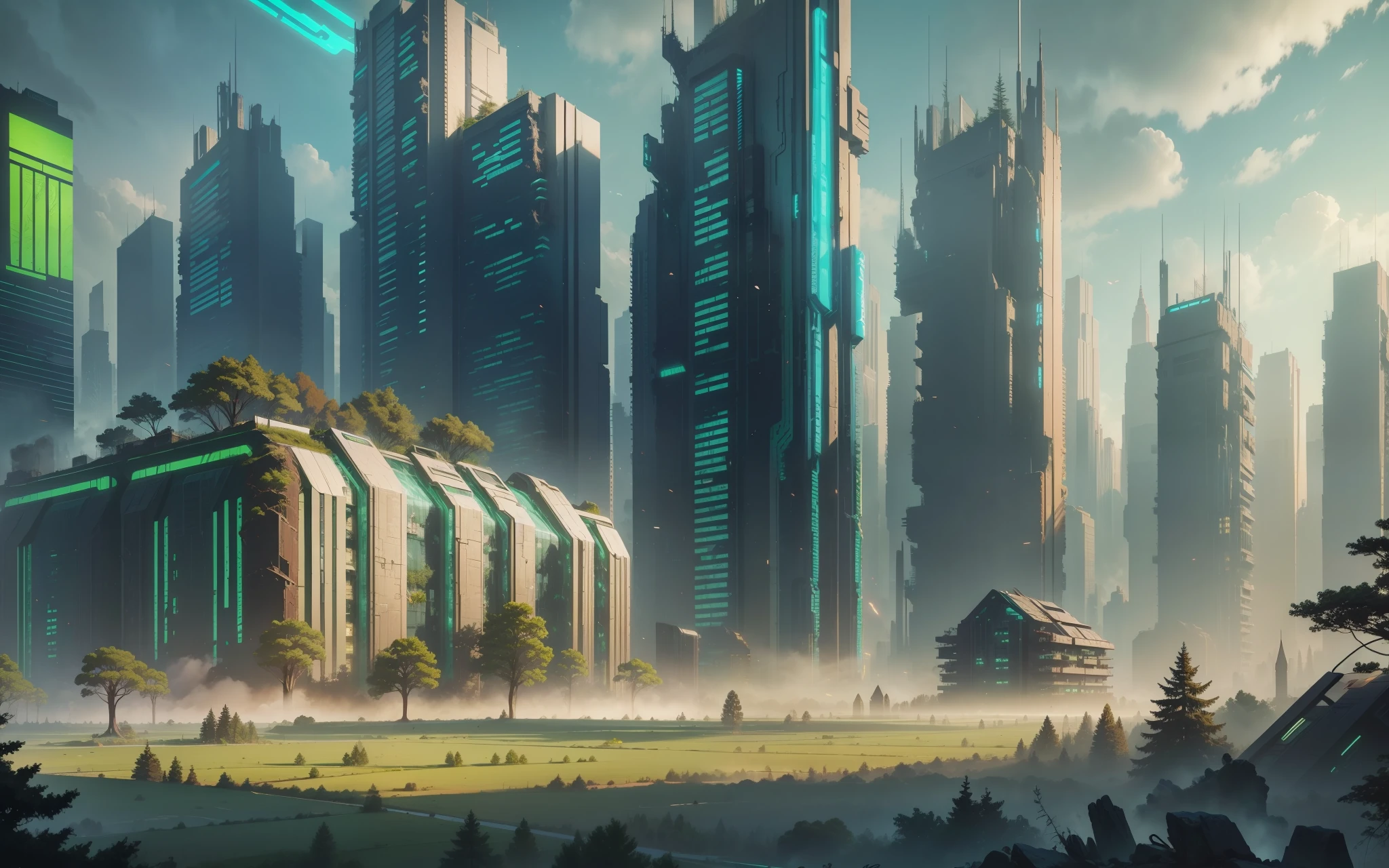 Cyberpunk, broken, there is a dense primeval forest with lots of house building pictures, cyberpunk, broken, with a lot of stones, green lush forest background, thick tree background, large meadow, arena background, game background, exaggerated forest background, cartoon style