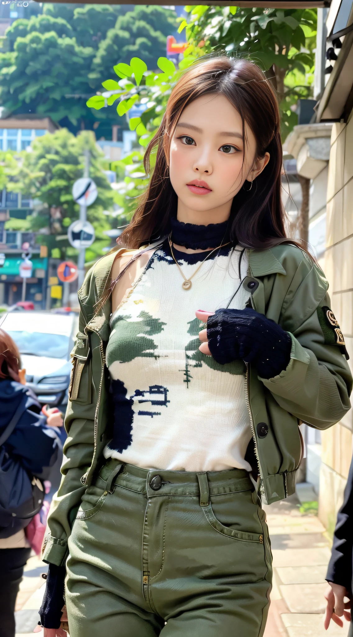 (1girl:1.3), Solo, __body-parts__, Kim Ji-ni Jennie Face, Korean style photo, feminine, knitted hip skirt, army green jacket, denim trousers, street ins style, blurred background, café background, 8k resolution image, intricate symmetry details. The whole picture goes forward, mainly a complete picture of a woman standing all over her body, smooth movements, world-weariness, and indifference.