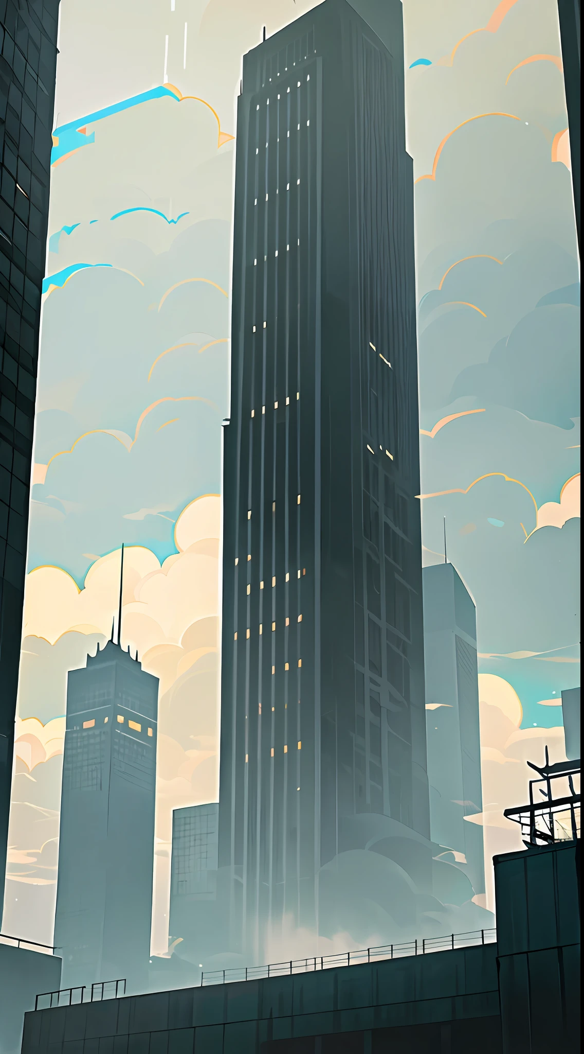 (A huge, imposing high-rise building, towering and cloudy, gray building with a tough appearance,) clear texture, exposed reinforced concrete structure clearly visible, a large number of glass curtain walls covering the façade, lights twinkling, reflecting the surrounding buildings and streetscapes, skyline, majestic.