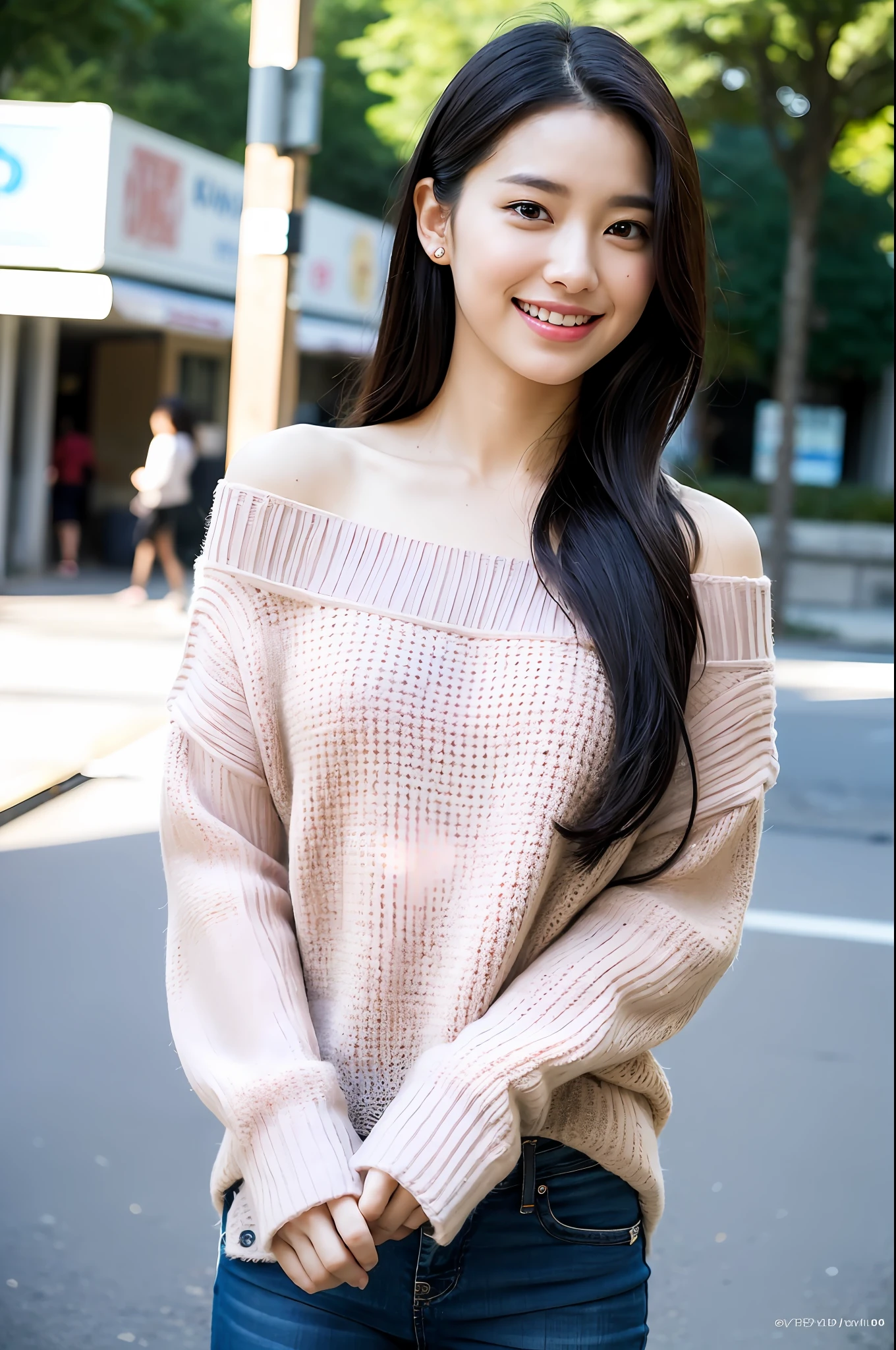 (8k, RAW photos,Best quality, High Resolution:1.1), (Hyper-realistic:1.4),(Realistic, Photorealistic:1.3), Soft light,Realistic face,Realistic body,Realistic skin,Absurdity,Masterpiece,(Cute:1.8),(Long hair,Half Up),(Big:1.2),Detailed black eyes,Innocent eyes,drooping eyes,(Smiling eyes:0.6),(grinning :1.2),teardrop,open lips,grin,blusher,good style,off-the-shoulder sweater,black skinny jeans,cinema lights,film grain,closeup,look viewer,full body,depth of field,blurred background,eye focus,young,85mm lens, f/1.4,professional lighting,portrait,photon mapping,radiosity, physical rendering, transparency, Japan girl, day, sunny, street corner, survey