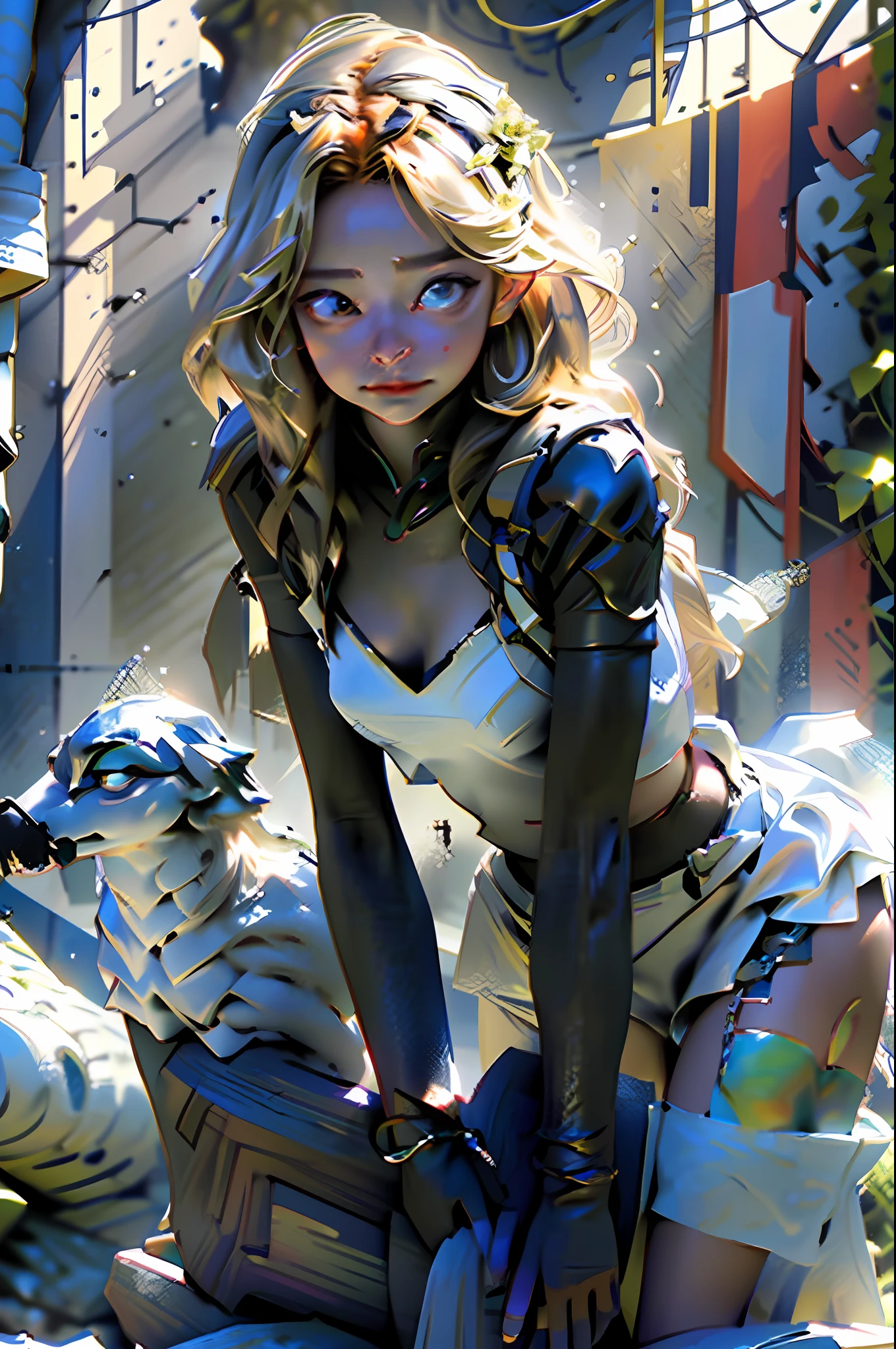 (best quality, masterpiece), 1girl, intricate details, ruffles, viking, looking at the viewer, sunshine from the mountains, blush, blonde, standing, upper body, forest