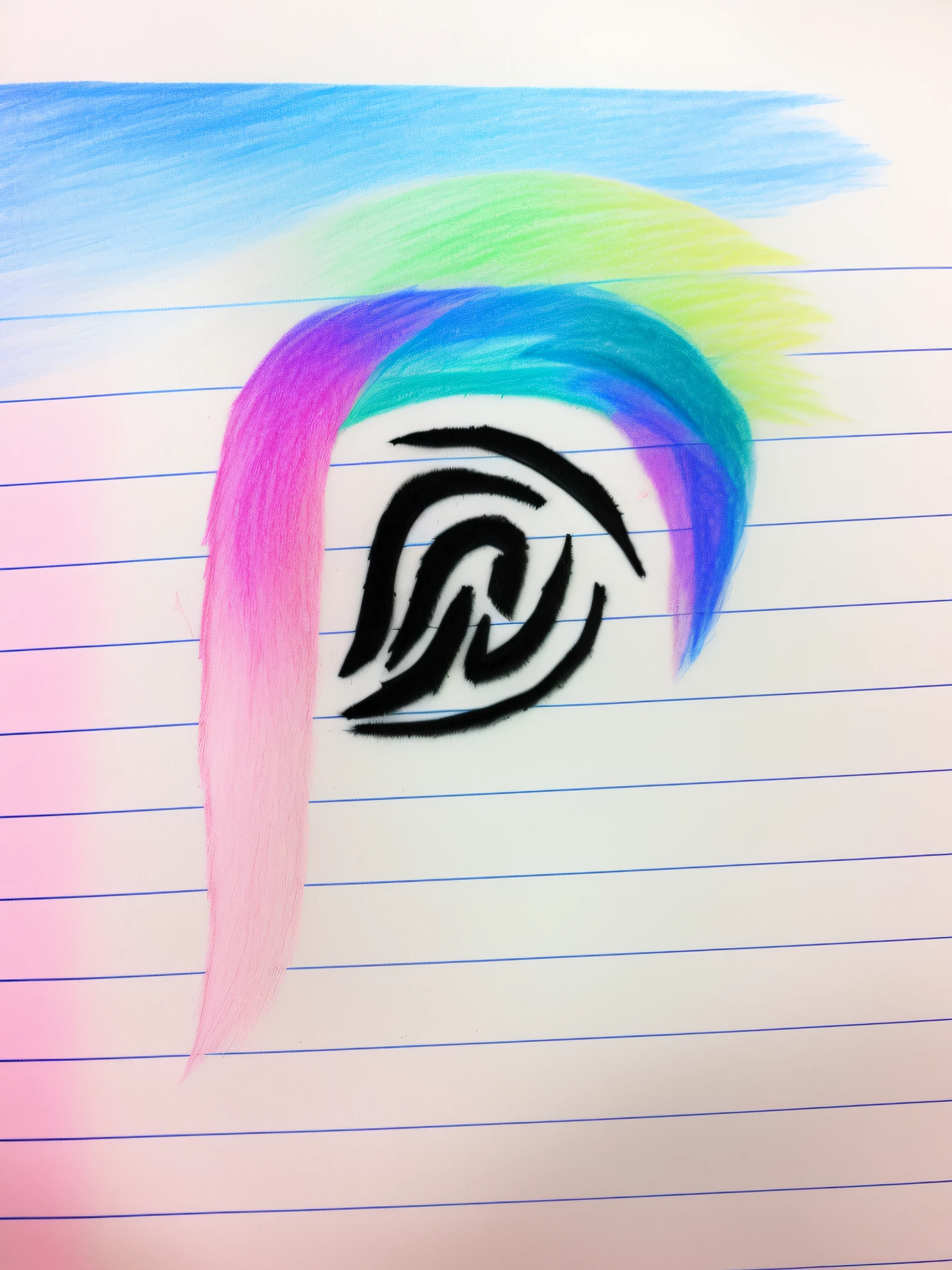 a close up of a drawing of a rainbow dash on a piece of paper, with out shading, colored drawing, pink and blue hair, drawn on paper, vi from arcane, vi from league of legends, inspired by Eve Ryder, blue and pink highlights, unknown artstyle, colored sketch, ink on post it note, faded drawing, mass effect inspired --auto --s2