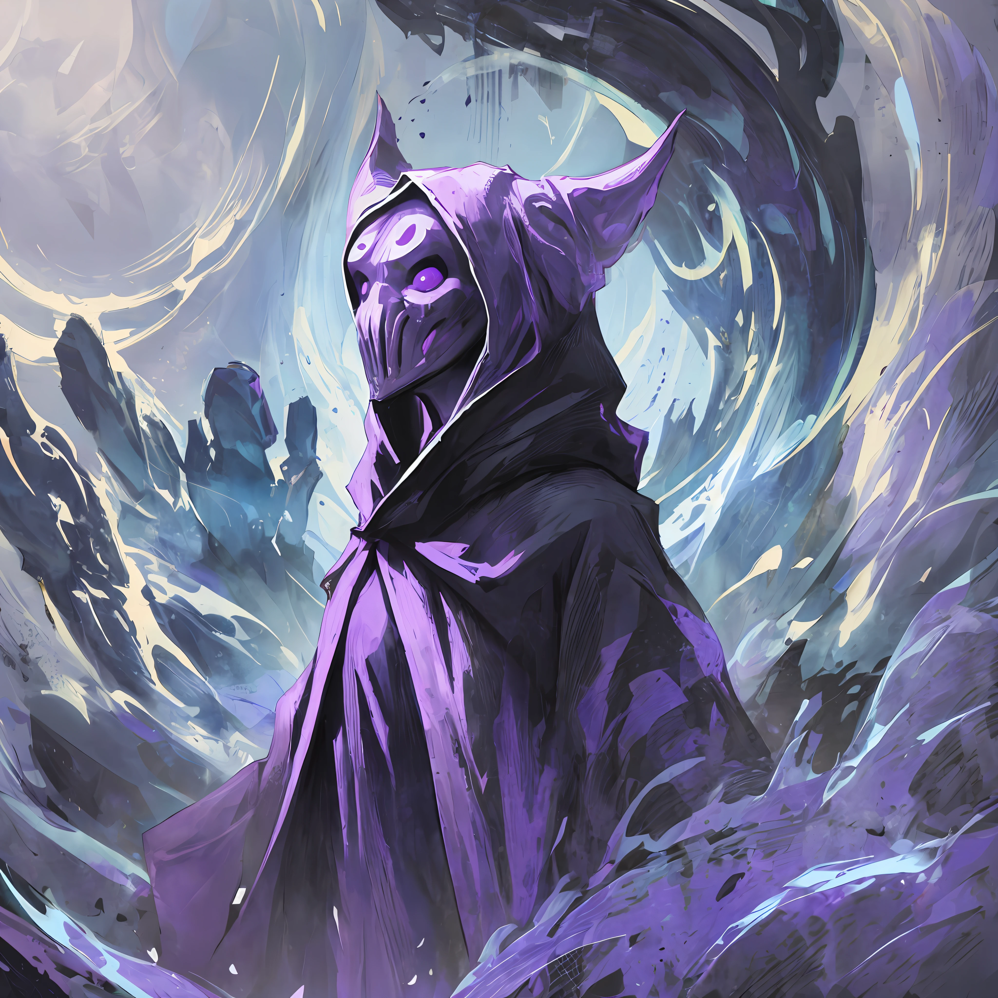 A strange ancient creature with no face wearing robes and an ancient mask with symbols etched on it as if it were made of stone looking benevolent with purple magic floating around it mysterious dark atmosphere