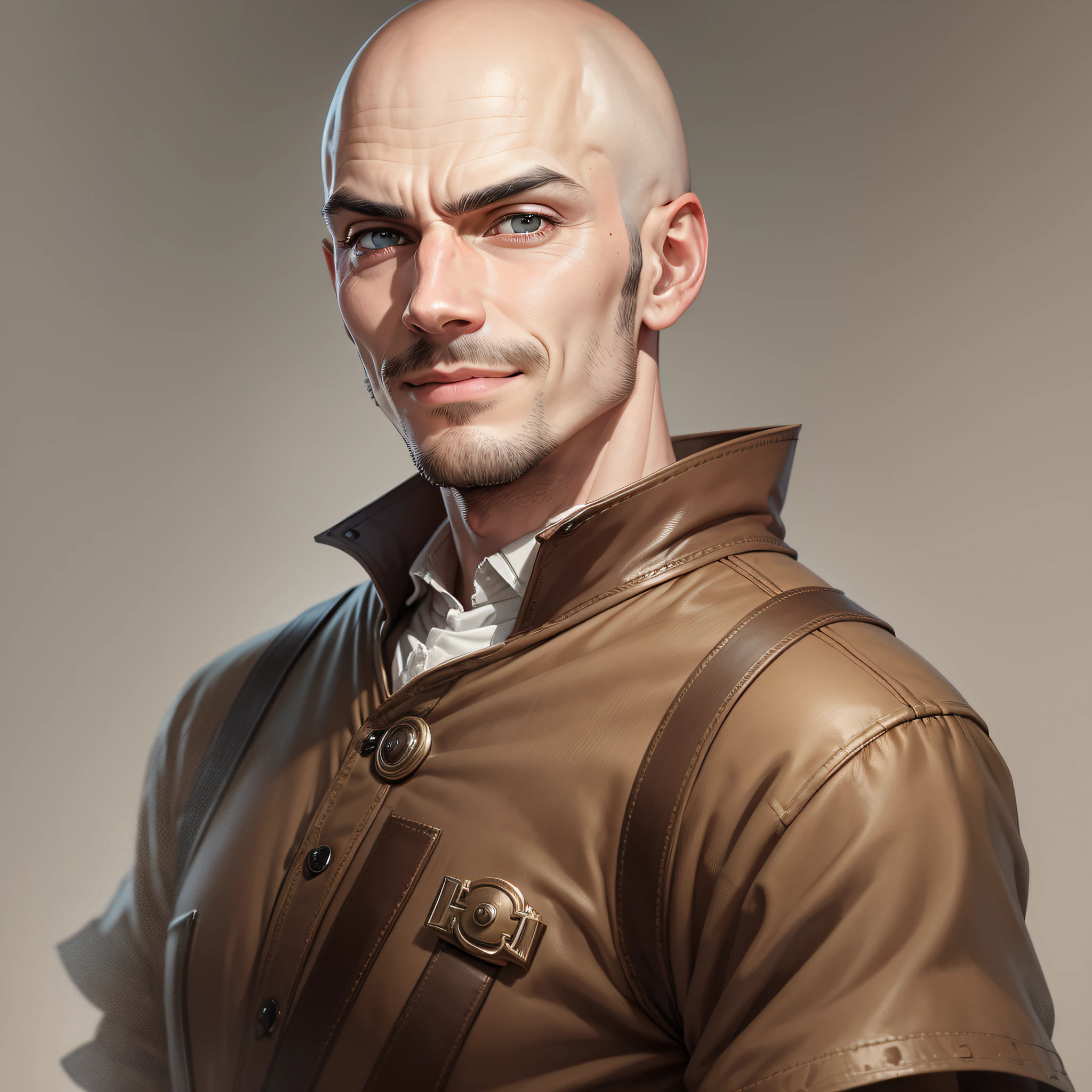 Man, silly face, undisguised smile, stately eyes, bald, vicen northern features