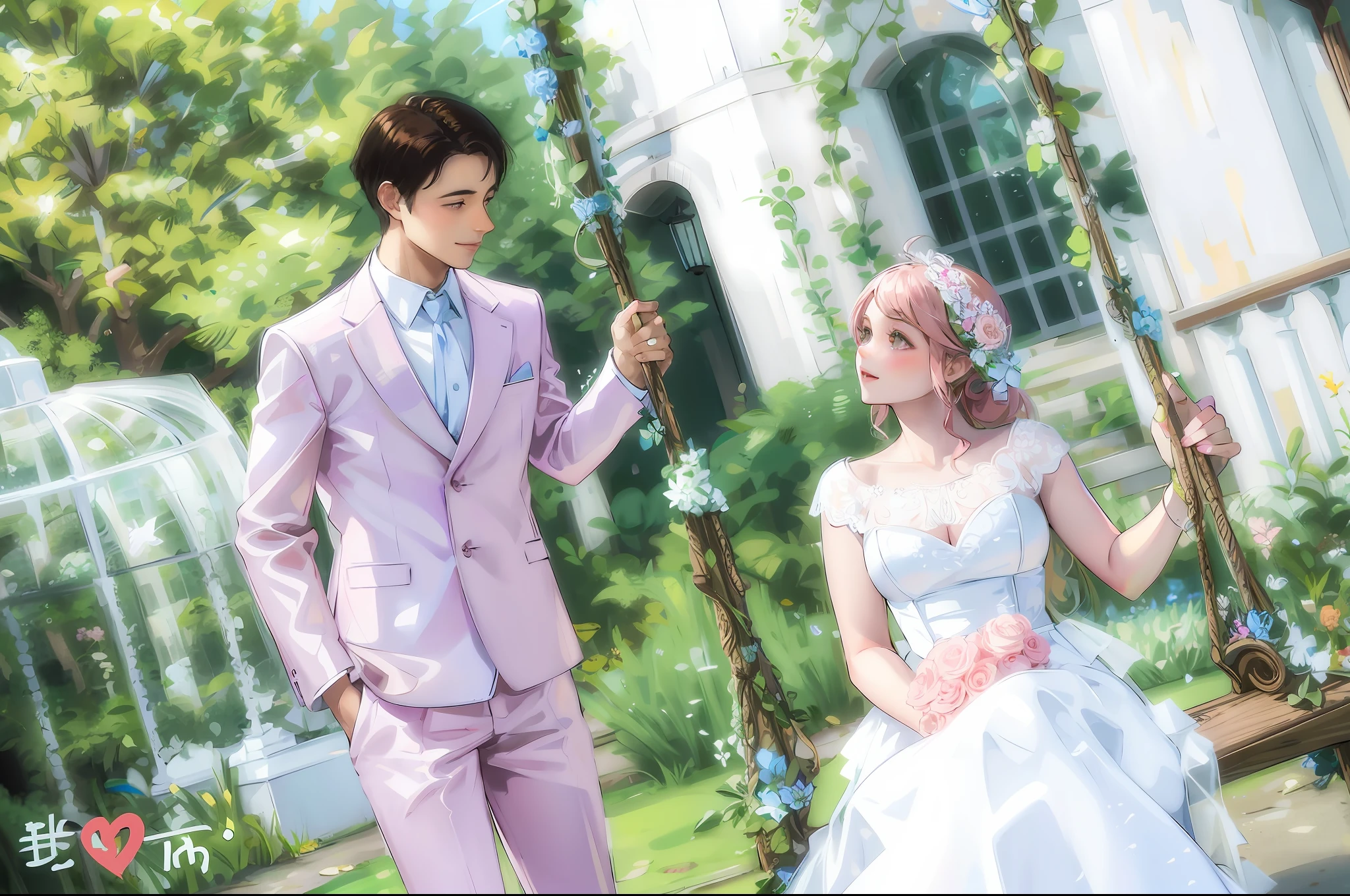 The bride and groom are sitting on a swing in the garden with flowers in their hair, wearing a light pink suit and pink swallowtail, happy couple, luxury wedding,
