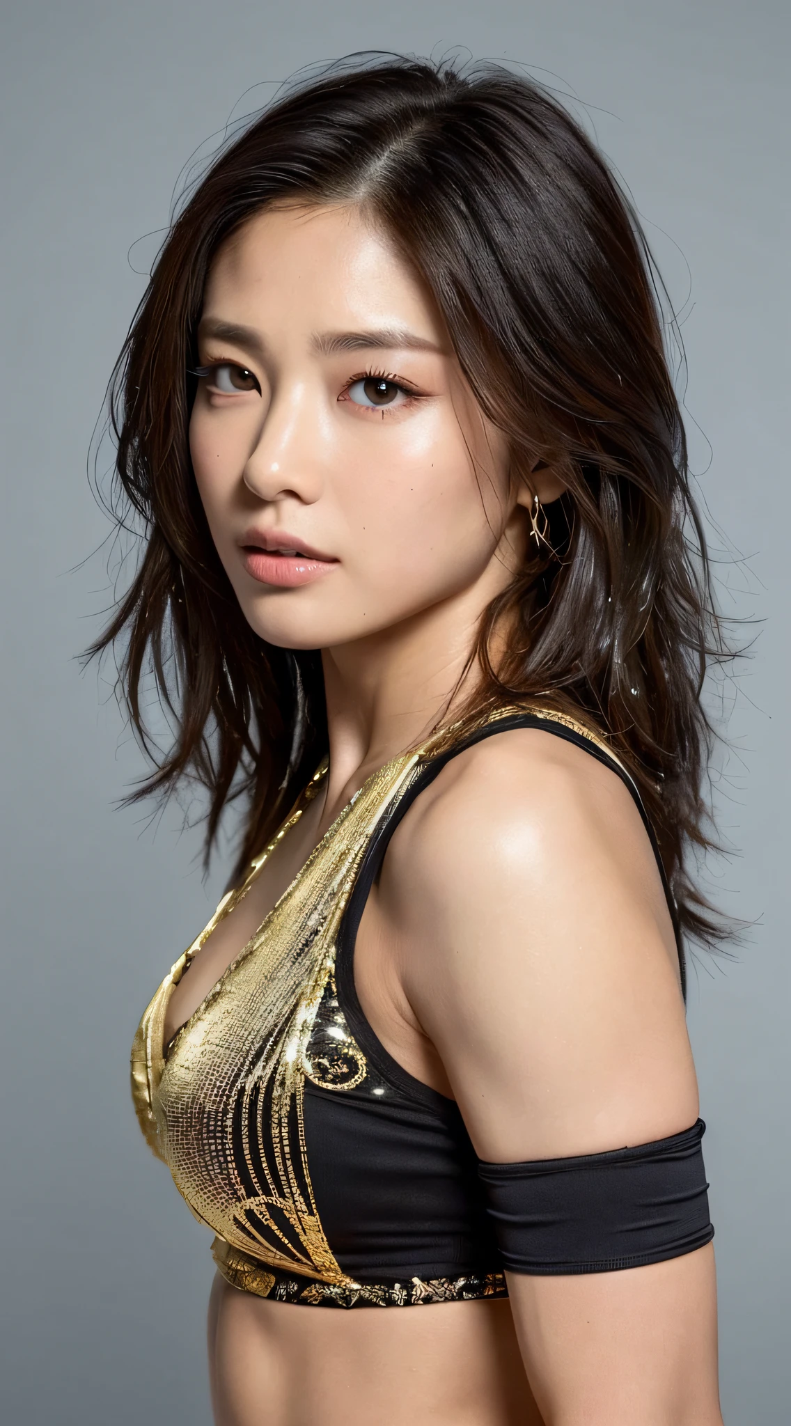 ((Top Quality, 8K, Masterpiece: 1.3)), Sharp: 1.2, Perfect Body Beauty: 1.4, Slim Abs: 1.2, ((Layered Hairstyles, Big: 1.2)), Wet: 1.5, Highly Detailed Face and Skin Texture, Detailed Eyes, Double Eyelids, Face View Side, Golden Hair, Fighting, Bullish, Muscle, (Pro Wrestler: 1.2)