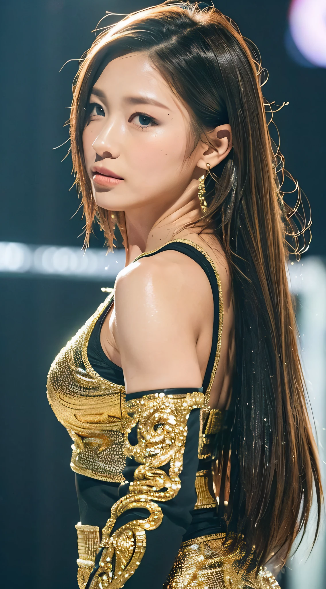 ((Top Quality, 8K, Masterpiece: 1.3)), Sharp: 1.2, Perfect Body Beauty: 1.4, Slim Abs: 1.2, ((Layered Hairstyles, Big: 1.2)), Wet: 1.5, Highly Detailed Face and Skin Texture, Detailed Eyes, Double Eyelids, Face View Side, Golden Hair, Fighting, Bullish, Muscle, (Pro Wrestler: 1.2)
