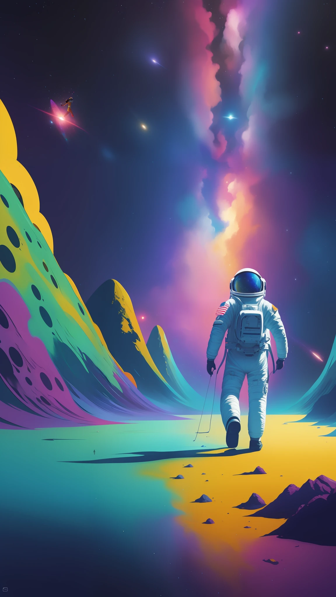 a painting of an astronaut walking through space with colorful paint, lonely astronaut, astronaut lost in liminal space, space colors, space art, astronaut walking, inspired by Sam Spratt, amazing wallpaper, cosmic and colorful, astronaut, beeple colors, inspired by Cyril Rolando, colorful concept art, 8k stunning artwork, an astronaut lost in the ocean
