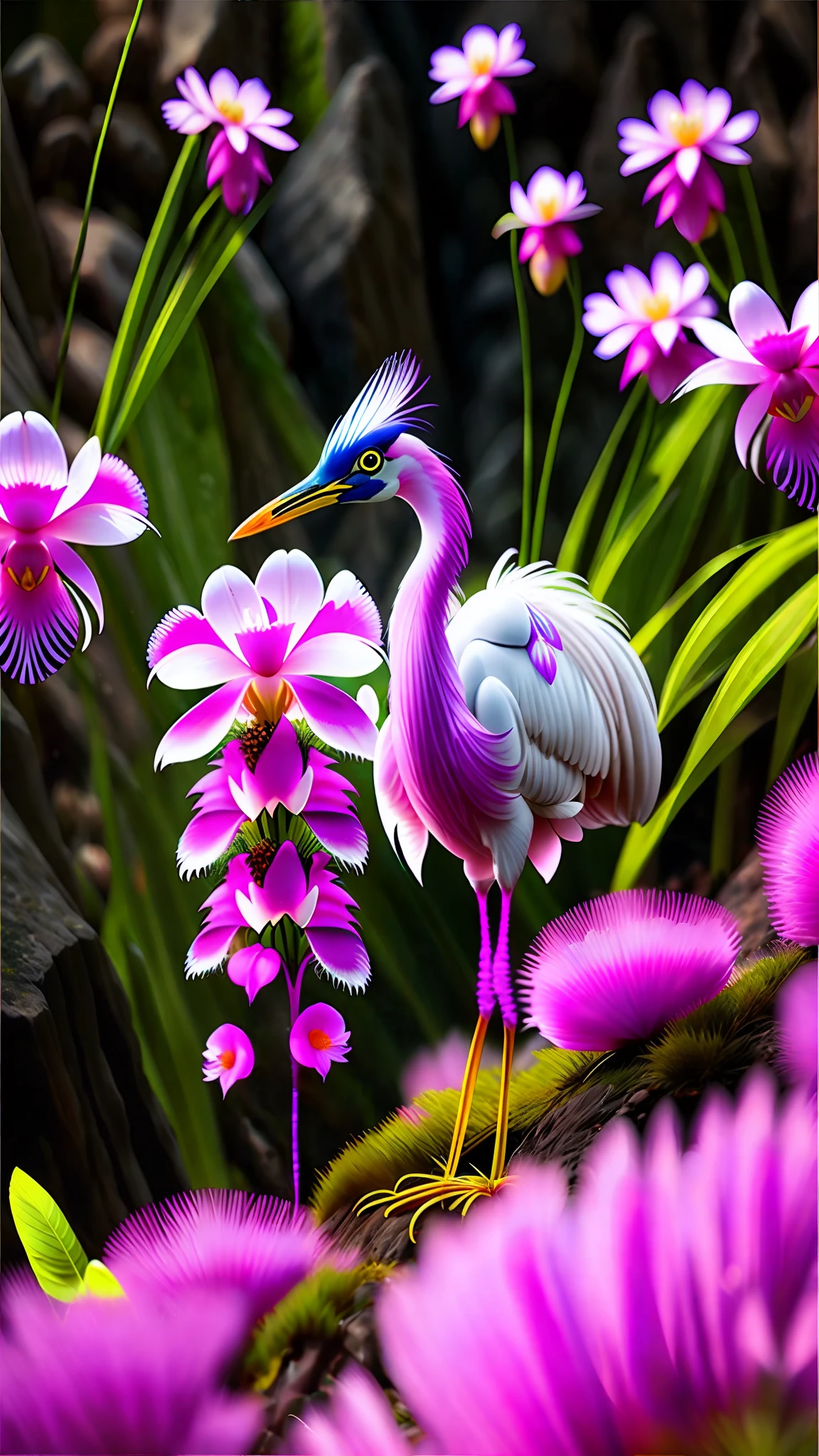 https://s.mj.run/1IRpU8DMogk On a sunny day, the pink purple Fly Egret Orchid grows on the steep mountain slope seam, with flowers resembling flying egrets and some moss. The petals are clear and delicate, frogs, with a blurry background, lifelike, realistic photos, ultra high definition, 16K high definition, high-definition --s 750 --upbeta --q 5 --v 5 --ar 9:16