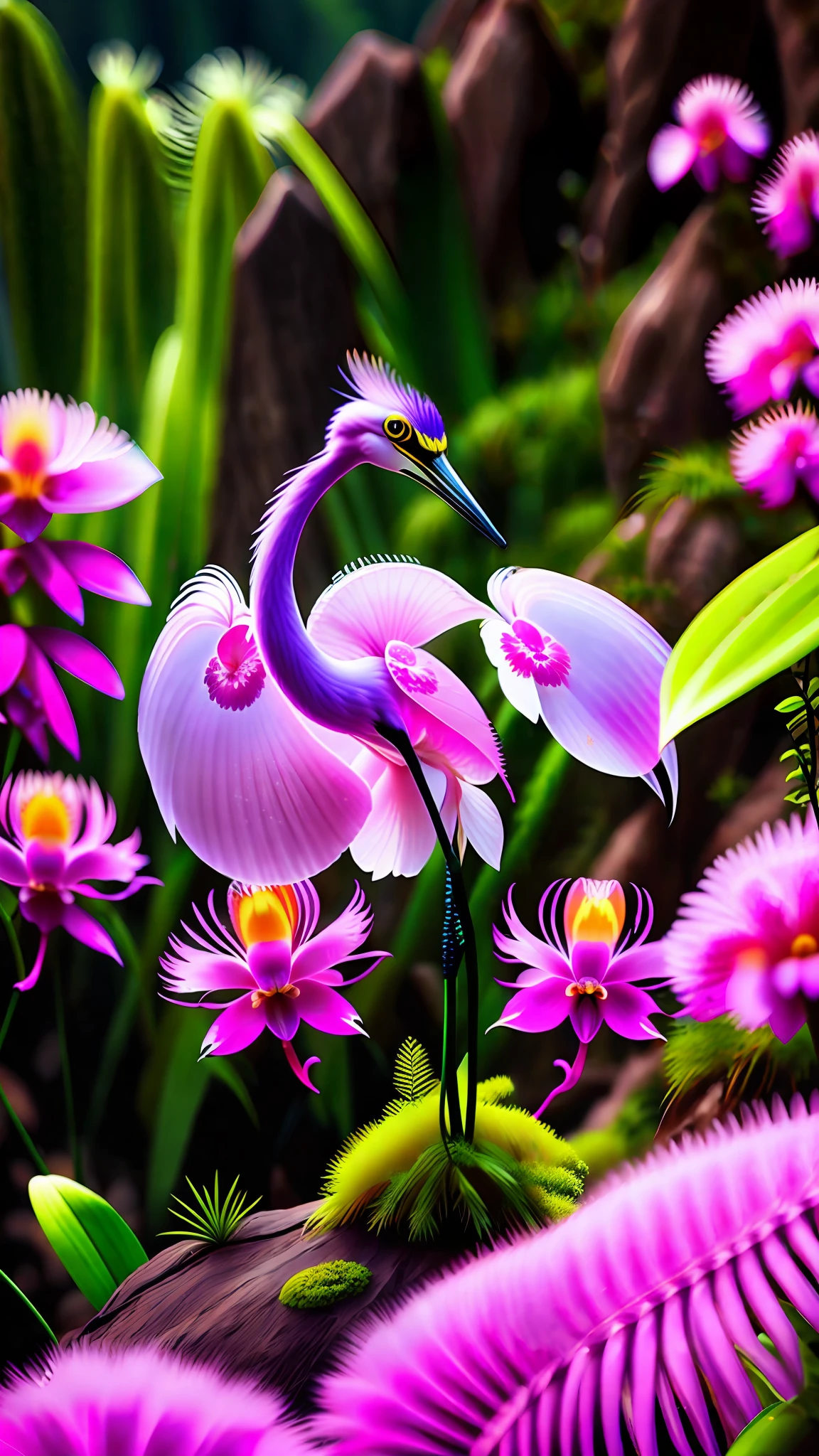 https://s.mj.run/1IRpU8DMogk On a sunny day, the pink purple Fly Egret Orchid grows on the steep mountain slope seam, with flowers resembling flying egrets and some moss. The petals are clear and delicate, frogs, with a blurry background, lifelike, realistic photos, ultra high definition, 16K high definition, high-definition  --s 750  --upbeta --q 5       --v 5 --ar 9:16