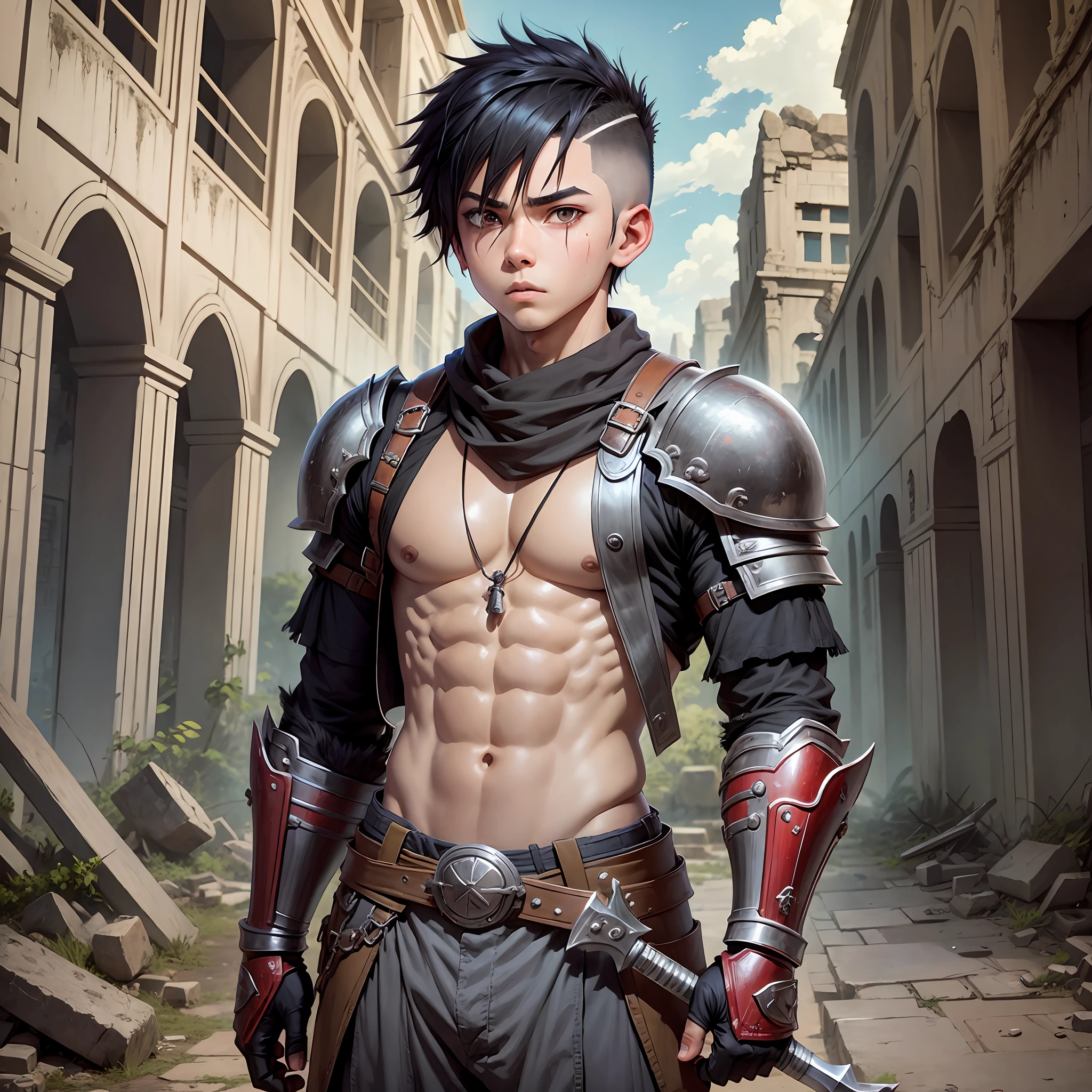 Anime: Boy with gorilla eyes, short mohawk hair, half-armor, two axes in his hands amid temple ruins