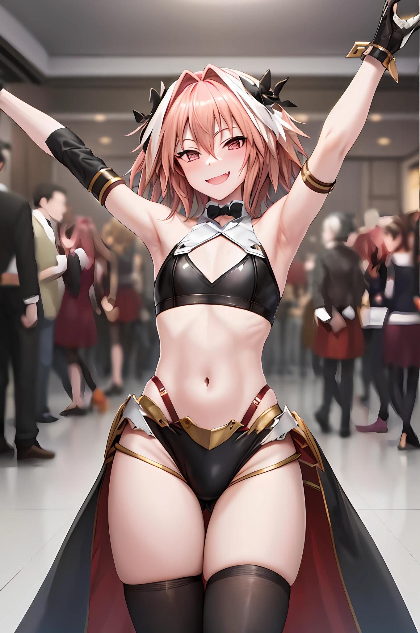 Astolfo, femboy, in a club, surrounded by blurry strangers, creepy happy face towards the viewer, luxurious clothing, closed mouth