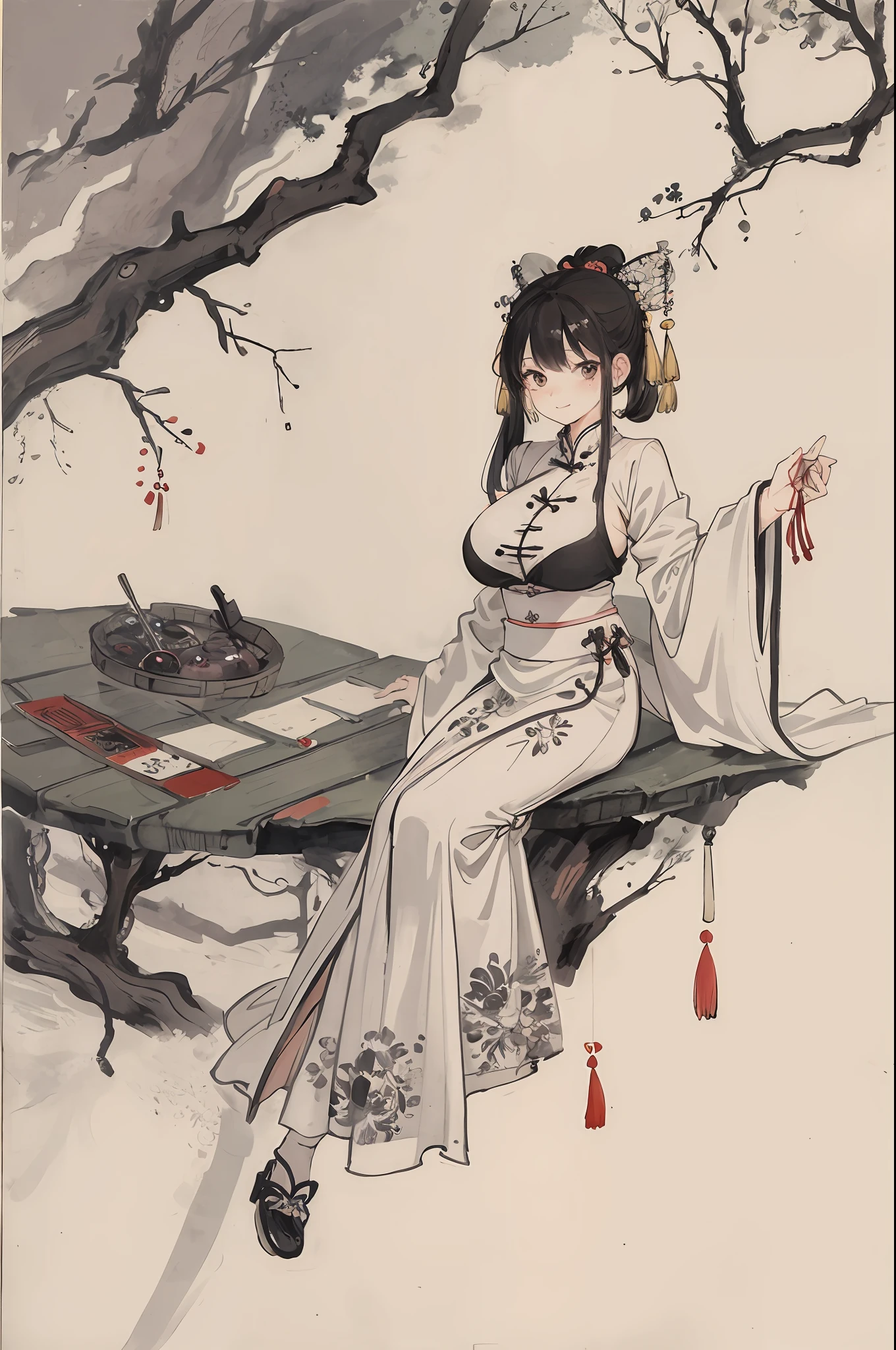 (masterpiece, best quality: 1.2), traditional Chinese ink painting, A cute 18 year old female with big breasts