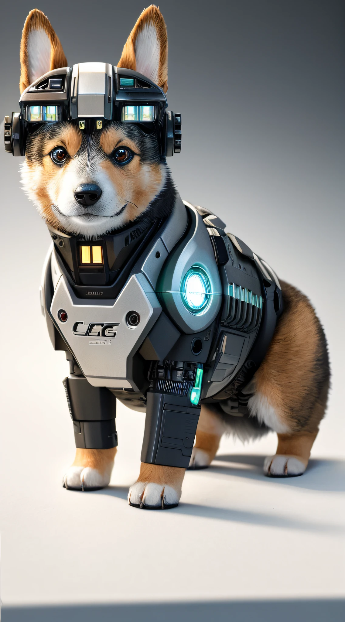 cute cybernetic corgi puppy, (cyborg:1.4), (intricate details), hdr, (intricate details, hyperdetailed:1.2), cinematic shot, centered, stark lighting, looking away from camera, hyperrealism hyperdetailed fur, real dog fur, accurate dog paws