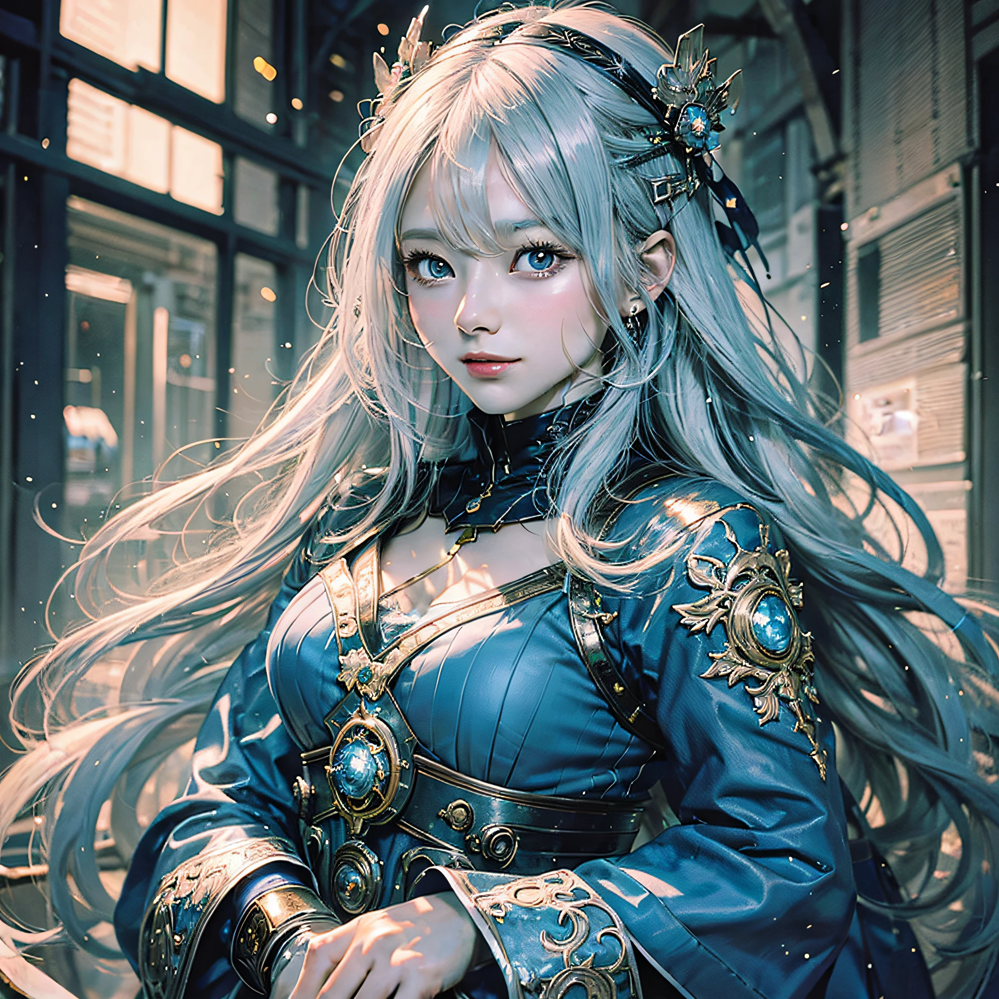 (8K, top quality, masterpiece: 1.2), (realistic, photorealistic, photorealistic: 1.37), woman with long hair and blue dress, white hair, beautiful character painting, detailed digital anime art, gwise style artwork, detailed portrait of anime girl, Rostran 8K, stunning character art, There are 2 photorealistic anime girl renderings. 5D CGI Anime Fantasy Artwork, Beautiful Digital Artwork, 8k High Quality Detail Art, Beautiful Anime Portrait, Smile