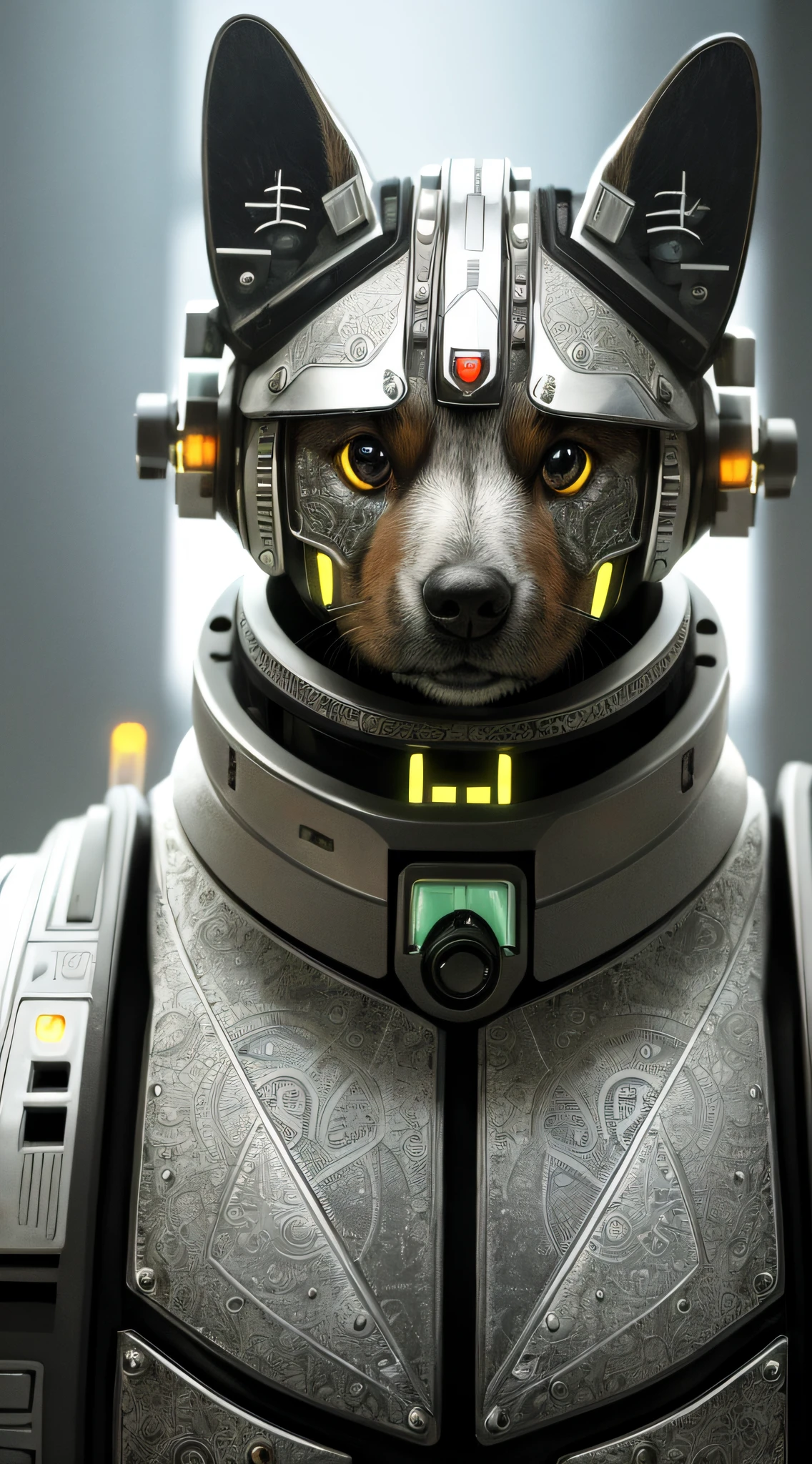 cute cybernetic corgi puppy, (cyborg:1.4), (intricate details), hdr, (intricate details, hyperdetailed:1.2), cinematic shot, centered, stark lighting, looking away from camera, hyperrealism hyperdetailed fur, real dog fur, accurate dog paws