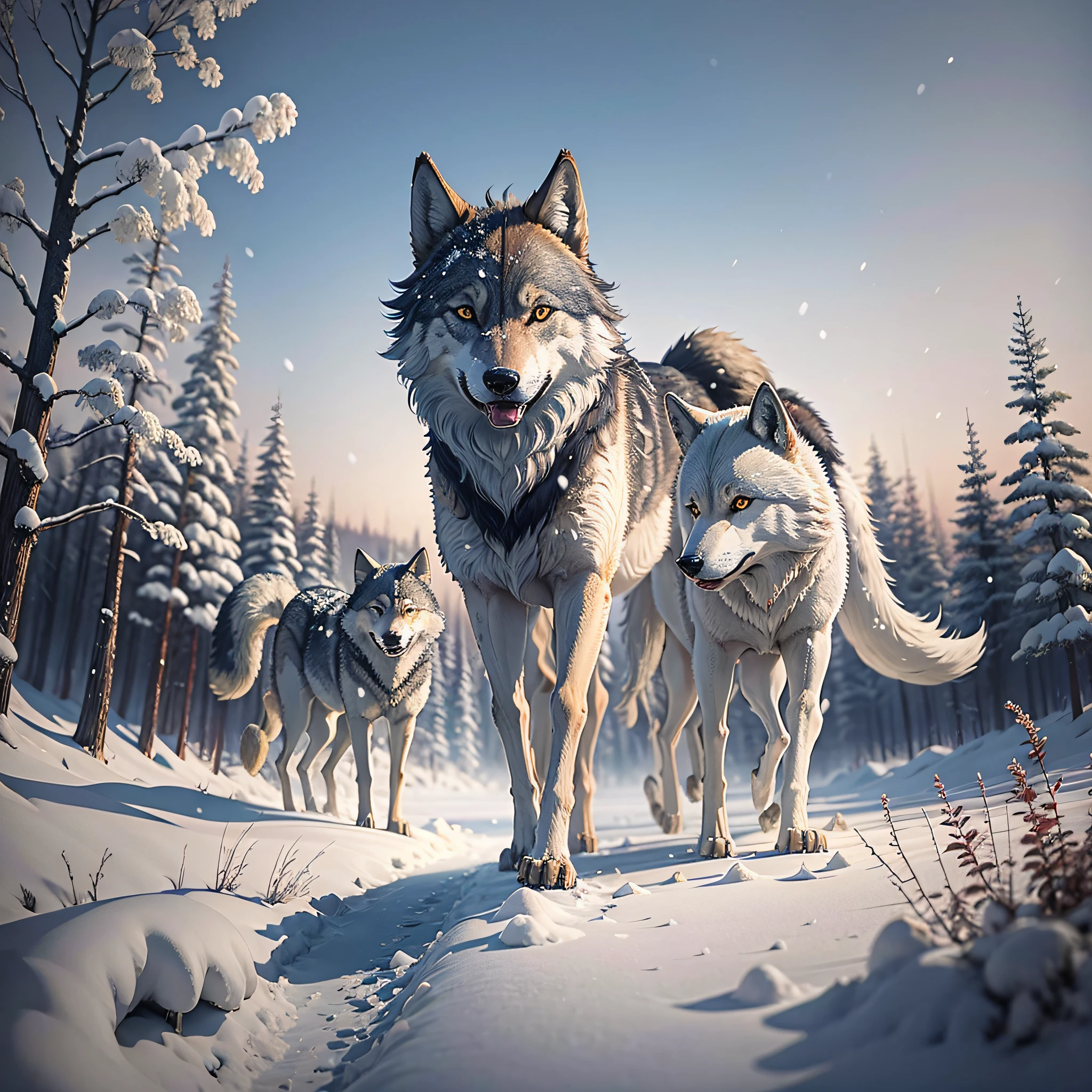 A pack of wolves walks in the wild, a wolf howls, and there is snow on the ground --auto --s2