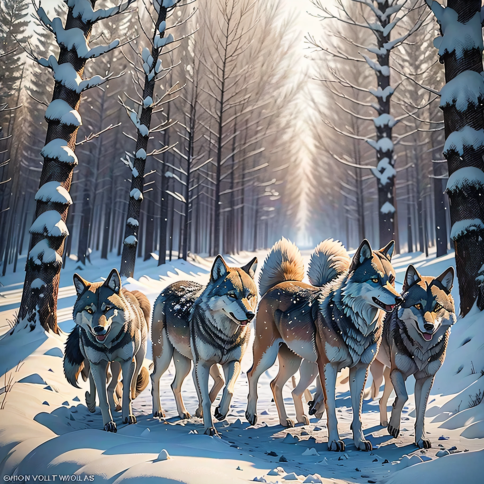A pack of wolves walks in the wild, a wolf howls, and there is snow on the ground --auto --s2
