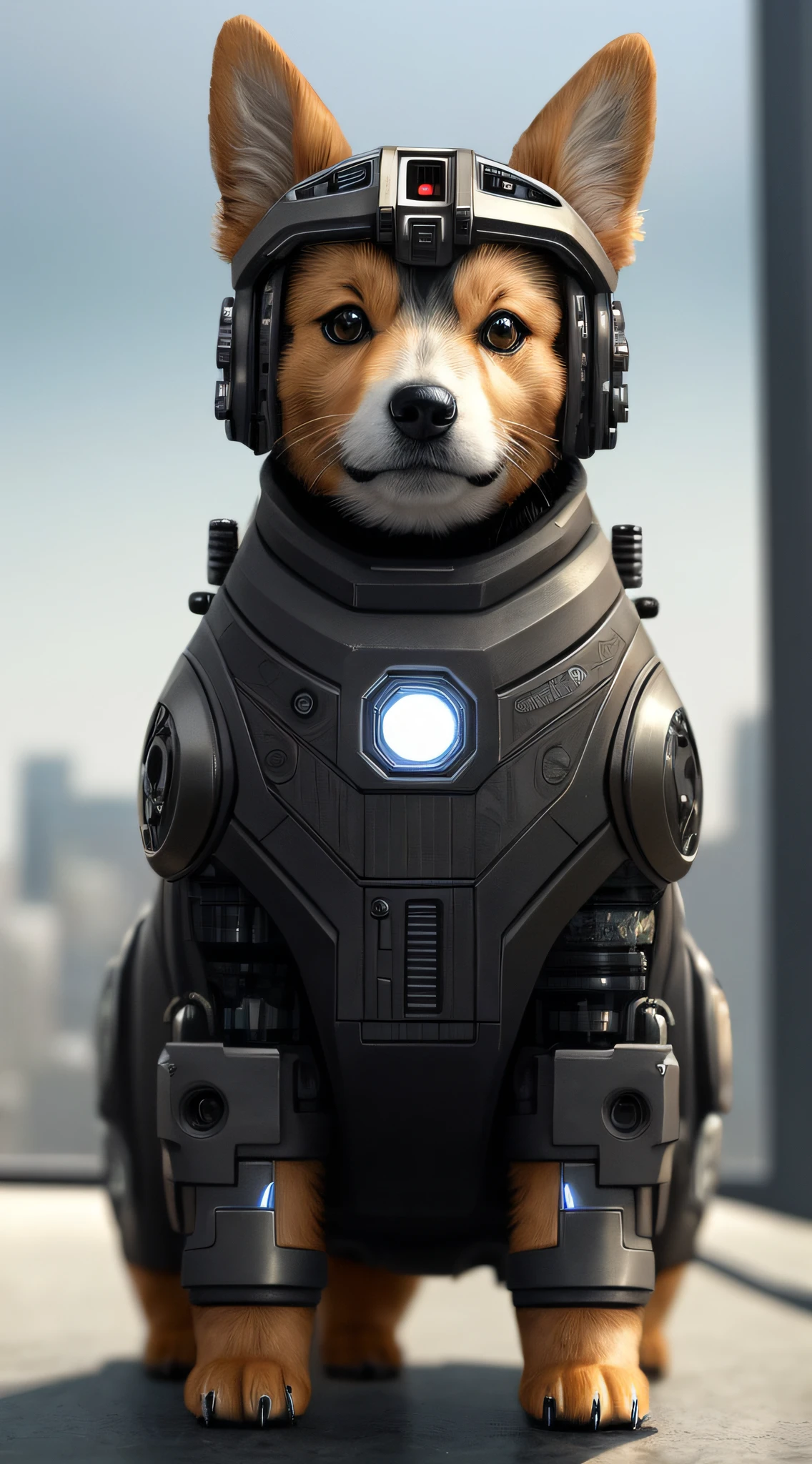 cute cybernetic corgi puppy, (cyborg:1.4), (intricate details), hdr, (intricate details, hyperdetailed:1.2), cinematic shot, centered, stark lighting, looking away from camera, hyperrealism hyperdetailed fur, real dog fur, accurate dog paws