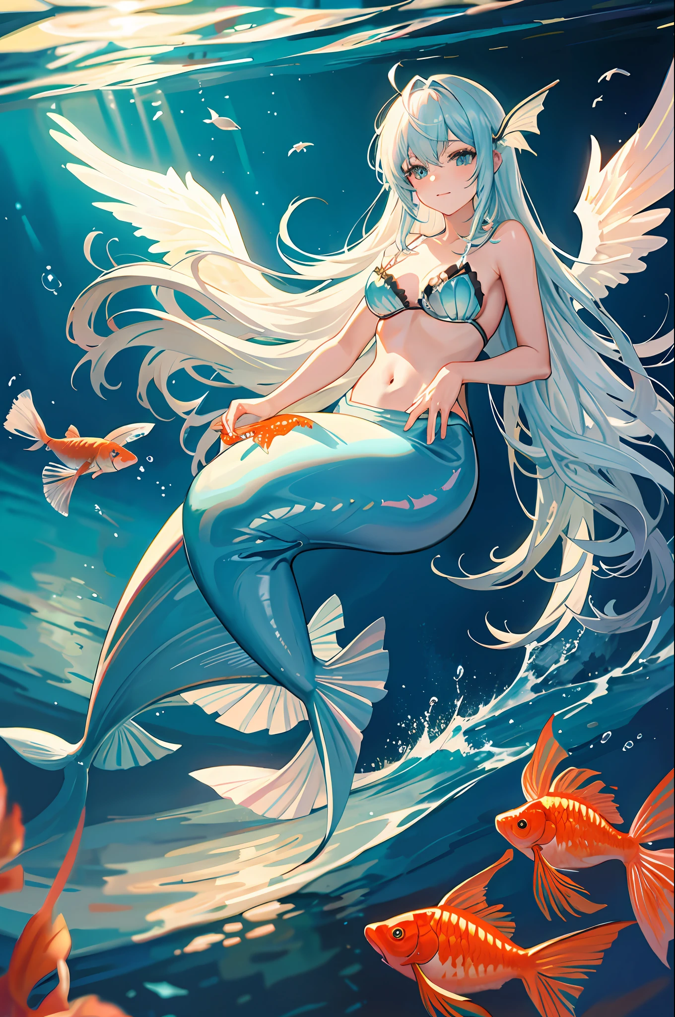 mermaid in fishbowl, angel wings, long flowing hair, in water, ocean scenery, fish, goldfish, light background