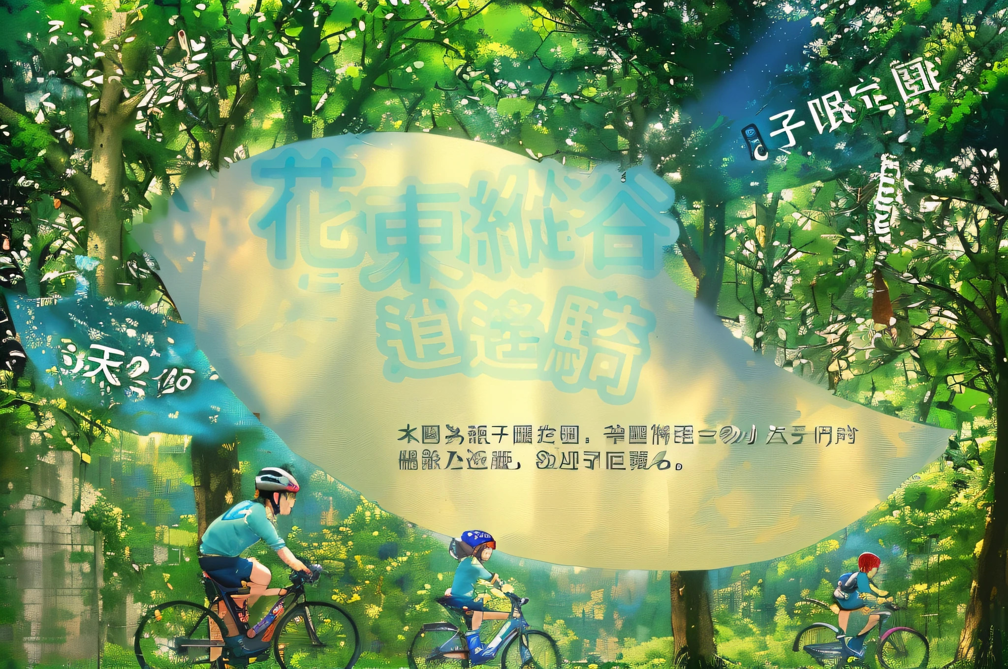 there is a poster with a picture of a family riding bikes, cover illustration, 🚿🗝📝, poster illustration, cycling!!, children's book cover, wide greenways, art cover, 千 葉 雄 大, book cover illustration, book cover, nature returning to the city, cover, poster, book illustration, book --auto --s2