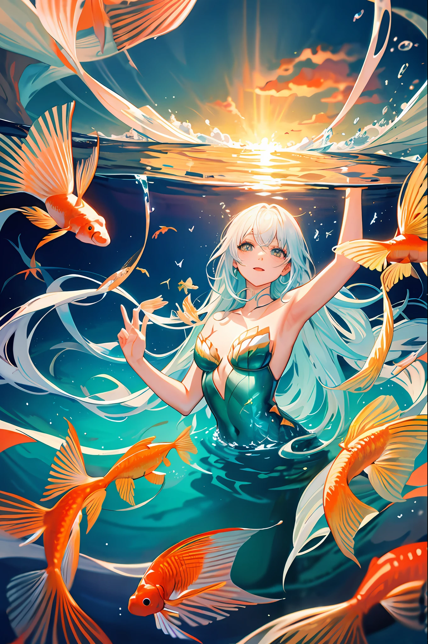 mermaid in fishbowl, angel wings, long flowing hair, in water, ocean scenery, fish, goldfish, light background