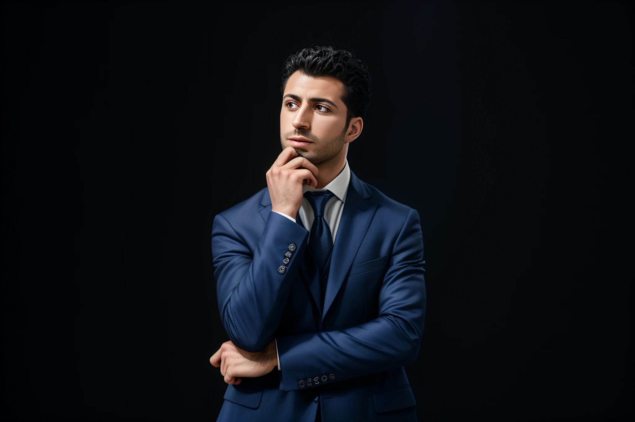 arafed man in a blue suit and tie posing for a picture, thinking pose, thoughtful expression, thoughtful pose, dramatic thinking pose, serious focussed look, pondering, by Alejandro Obregón, thoughtful, pensive and hopeful expression, contemplating, professional profile picture, concentrated look, standing with a black background, on black background, pensive expression
