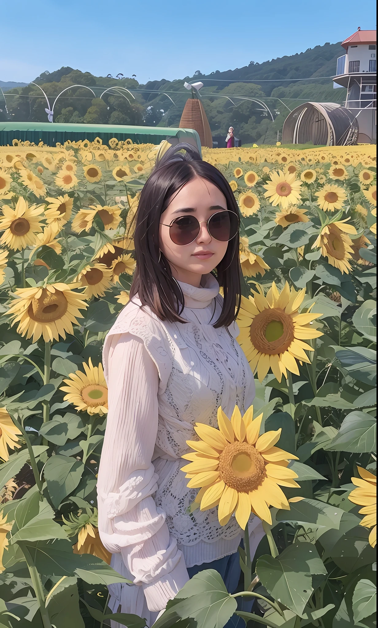 araffe woman standing in a field of sunflowers with a windmill in the background, sunflowers in the background, with sunglass, scene: sunflower field, scene : sunflower field, in sunny weather, dilraba dilmurat, beautiful sunflower anime girl, on a sunny day, hot with shining sun, bright sunny day, bright and sunny, # oc, #oc