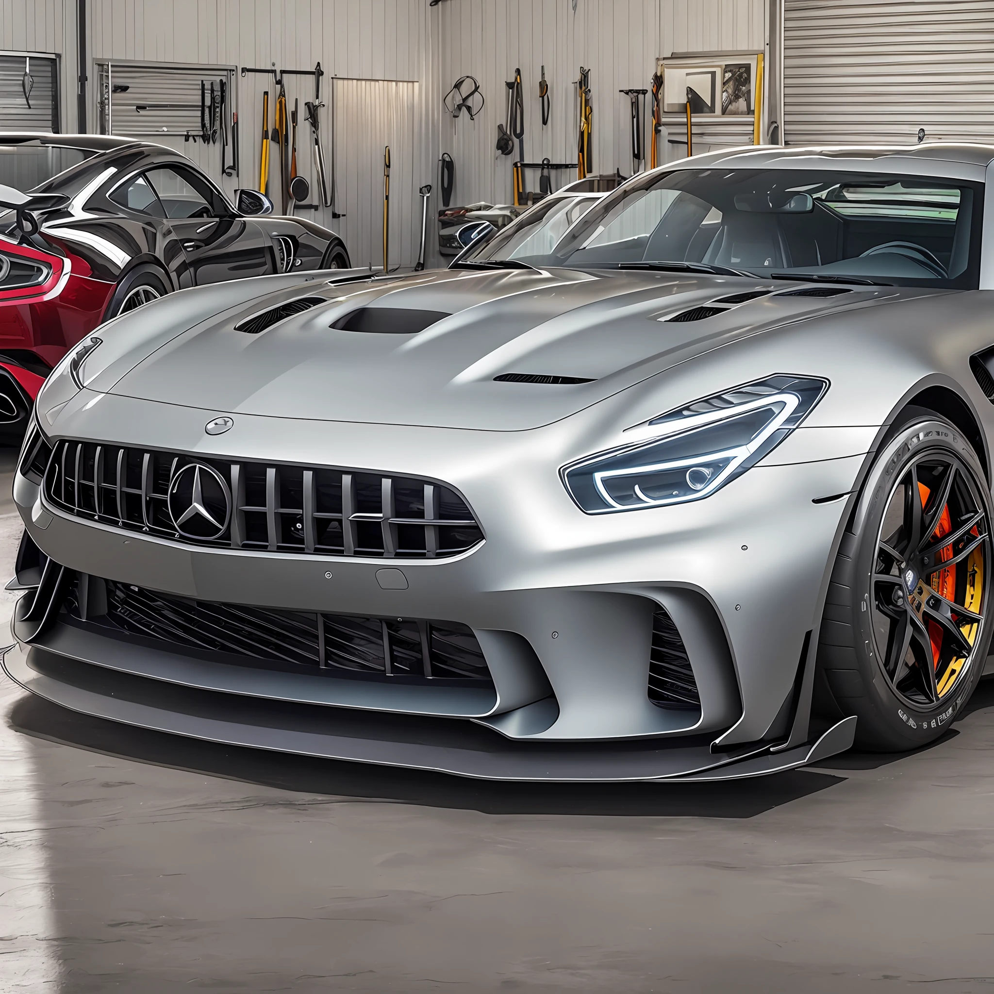 ((top quality, 8K, masterpiece: 1.3)), cool garage, sheet metal shop, realistic photos, AMG GTR, no people needed, clean and tidy --auto --s2