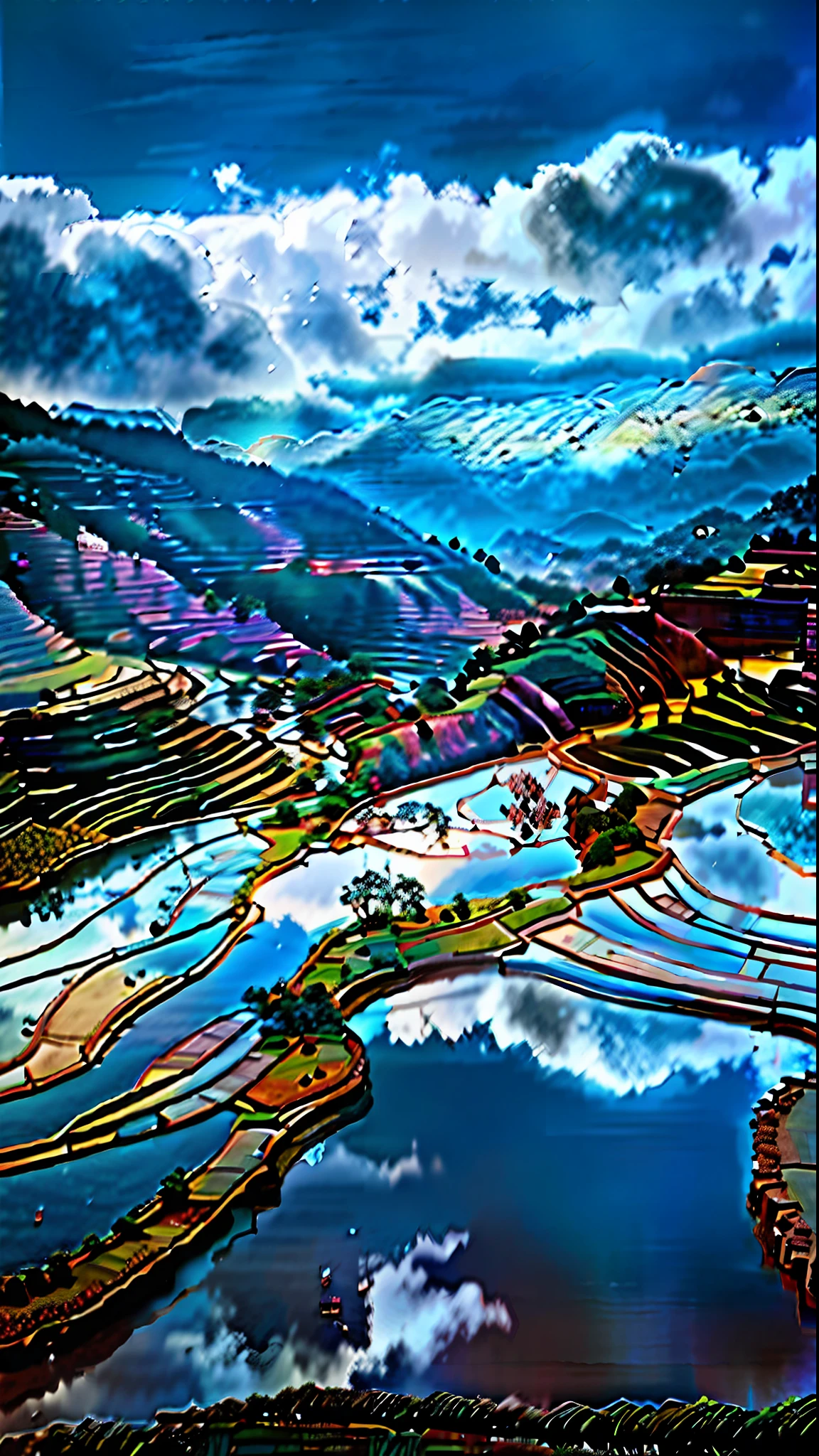 Shangbao Terraced Field,Spring,The water of the terraced fields is like a mirror,Reflecting the blue sky and green mountains, the layering is the richest --v 4 --ar 2:3 --ar 9:16