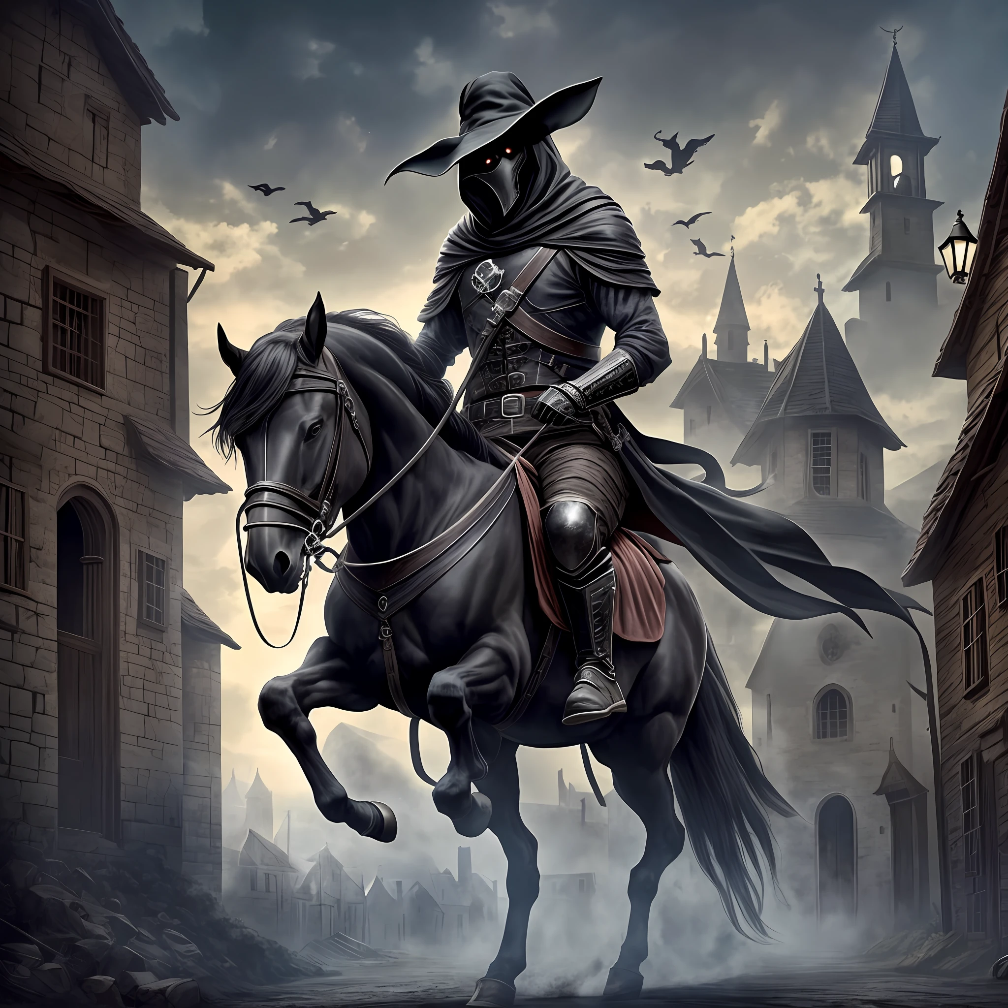 Muscular Plague Doctor Riding a Black Horse in a haunted village , Realista, Full HD, melhor qualidade