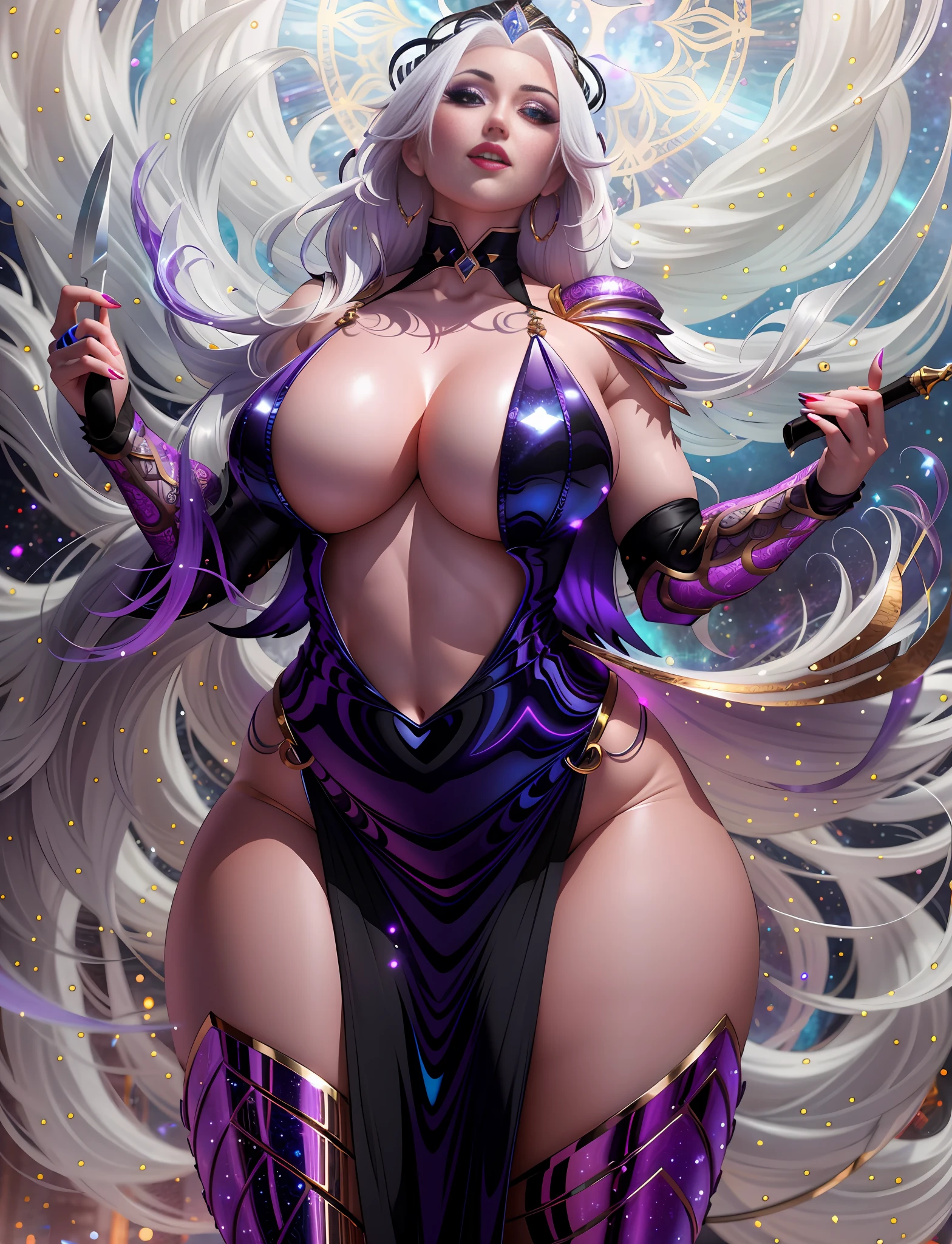 arafed woman in a sexy short black and purple outfit holding a knife, thicc, mighty plump sexy female sorceress, sexy goddess. extremely high detail, galactic sized goddess, extremely detailed goddess shot, wlop and rossdraws, cinematic goddess body shot, rossdraws 1. 0, wlop rossdraws, commission for high res, rossdraws 2. 5, white skin, no bra, white hair, cleavage, wide hip. thick thigh, sexy, love eyes