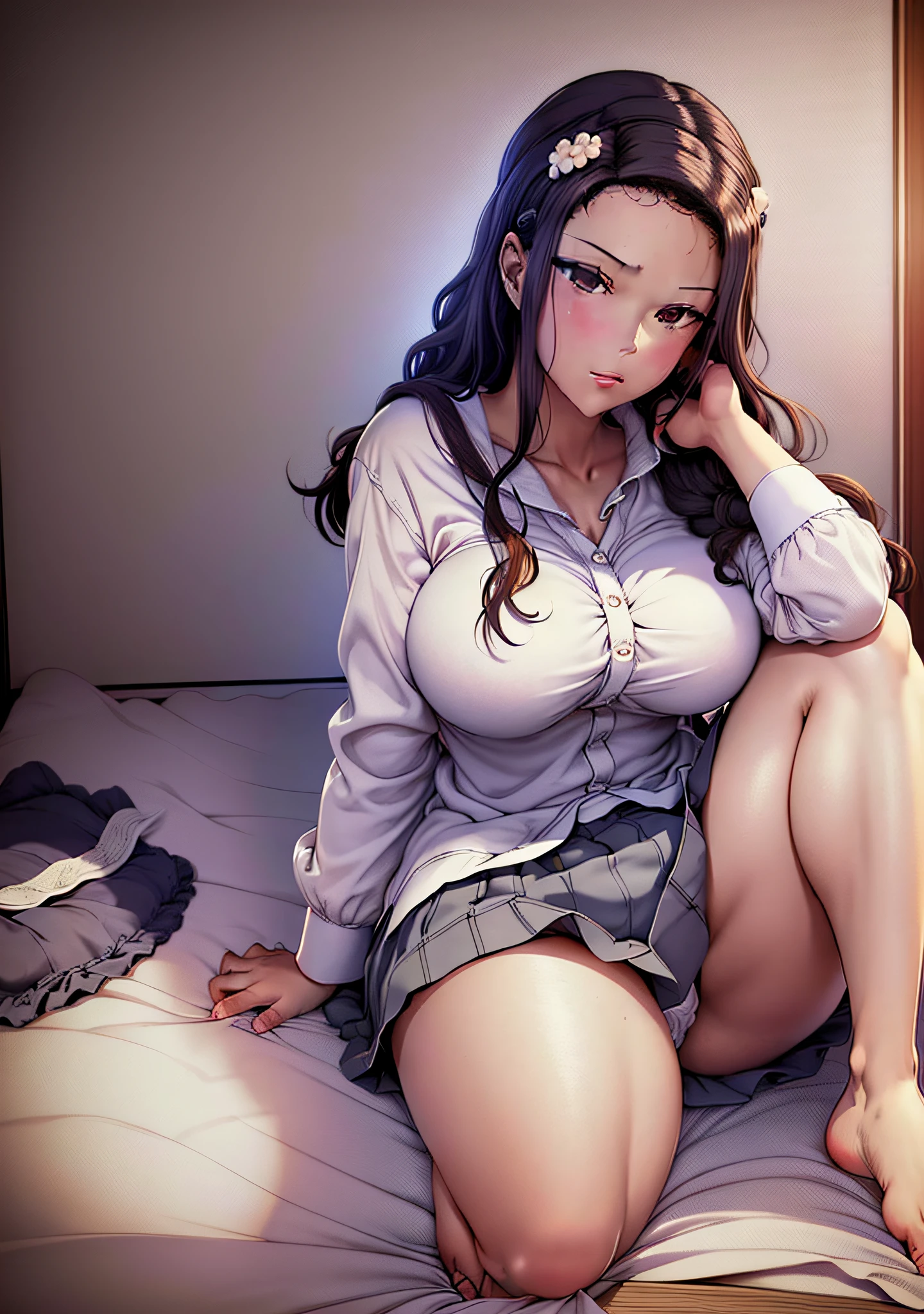 High Resolution, Best Quality, Masterpiece, Ultra High Quality, Ultra Detail, Ultra Realistic, 3D, Anime, Illustration, Troubled Face, Solo, ((Beautiful Student Short Skirt)), Sitting Upright and Touching Her Hair, (Looking at the Camera), (Background Blur))), Bare Feet, (((Cotton Underwear)), Large Breasts, Front Shooting,