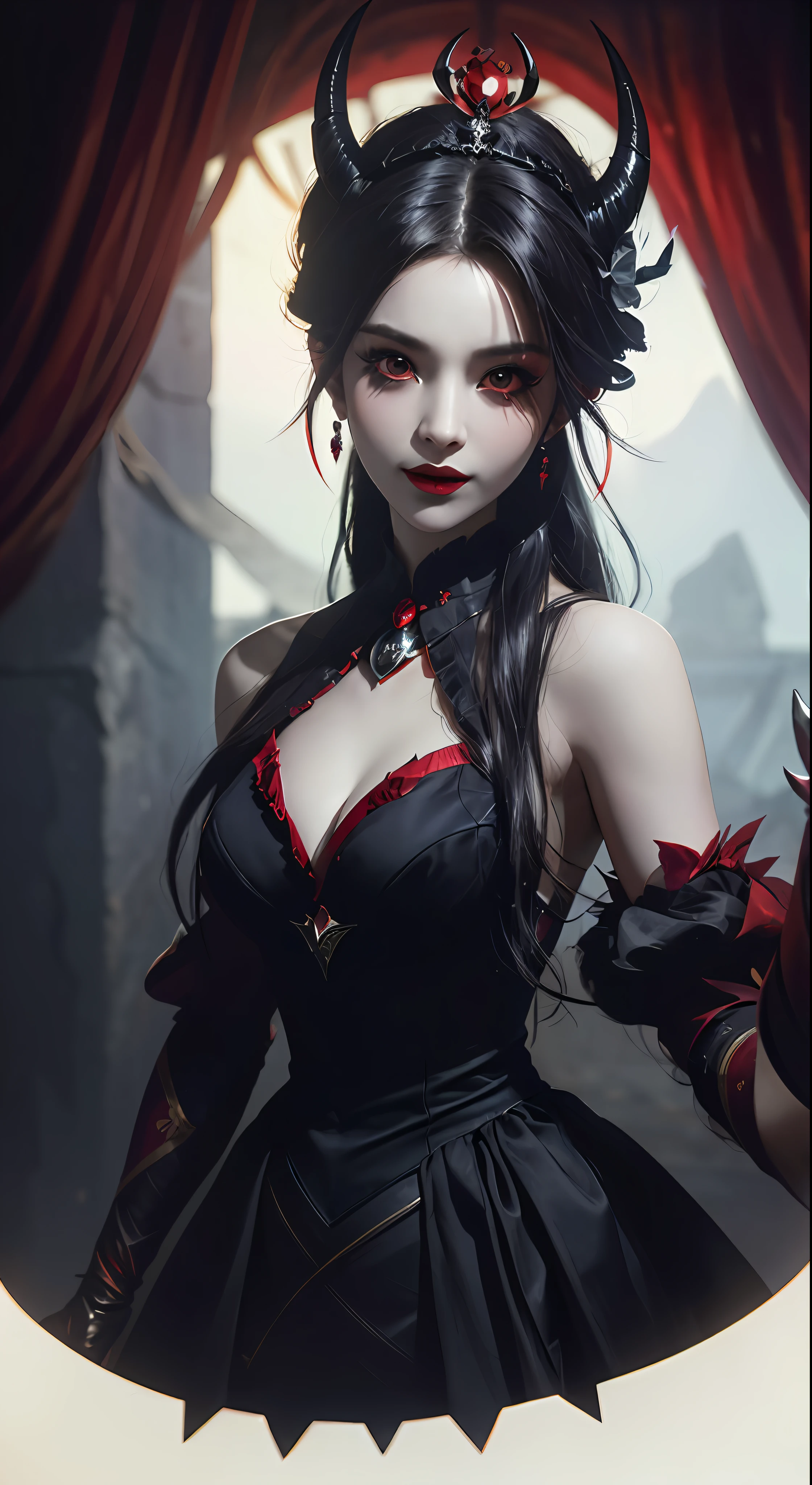 1 beautiful devil woman from hell, In the Dark: 1.6), surreal female portrait by David Hockney and Alphonse Mucha, fantasy art, korea doll, photorealism, dynamic lighting, artstation, poster, volumetric lighting, very detailed faces, 8k ultra, Awarded, in the dark, deep shadow, low key, cowboy lens, (Red phoenix dress: 1.4), long hair, black hair, bust, luxurious palace, Royal style, devil crown, red eyes make up very sharp and detailed, The most beautiful face, The breasts are very big and round and round, Super realistic, chinese women's clothing, polo neck sweater, Charming smile, The eyes are very well made up, guweiz, devil style, wearing black mesh socks, Ponytail with a bow tied at the back of the hair, Red black lips, Devil tattoo on shoulder, wearing a thin red and black robe, the landscape is overcast and thunderous, (Portrait), Close-up of the main character, (Background details 1.8),