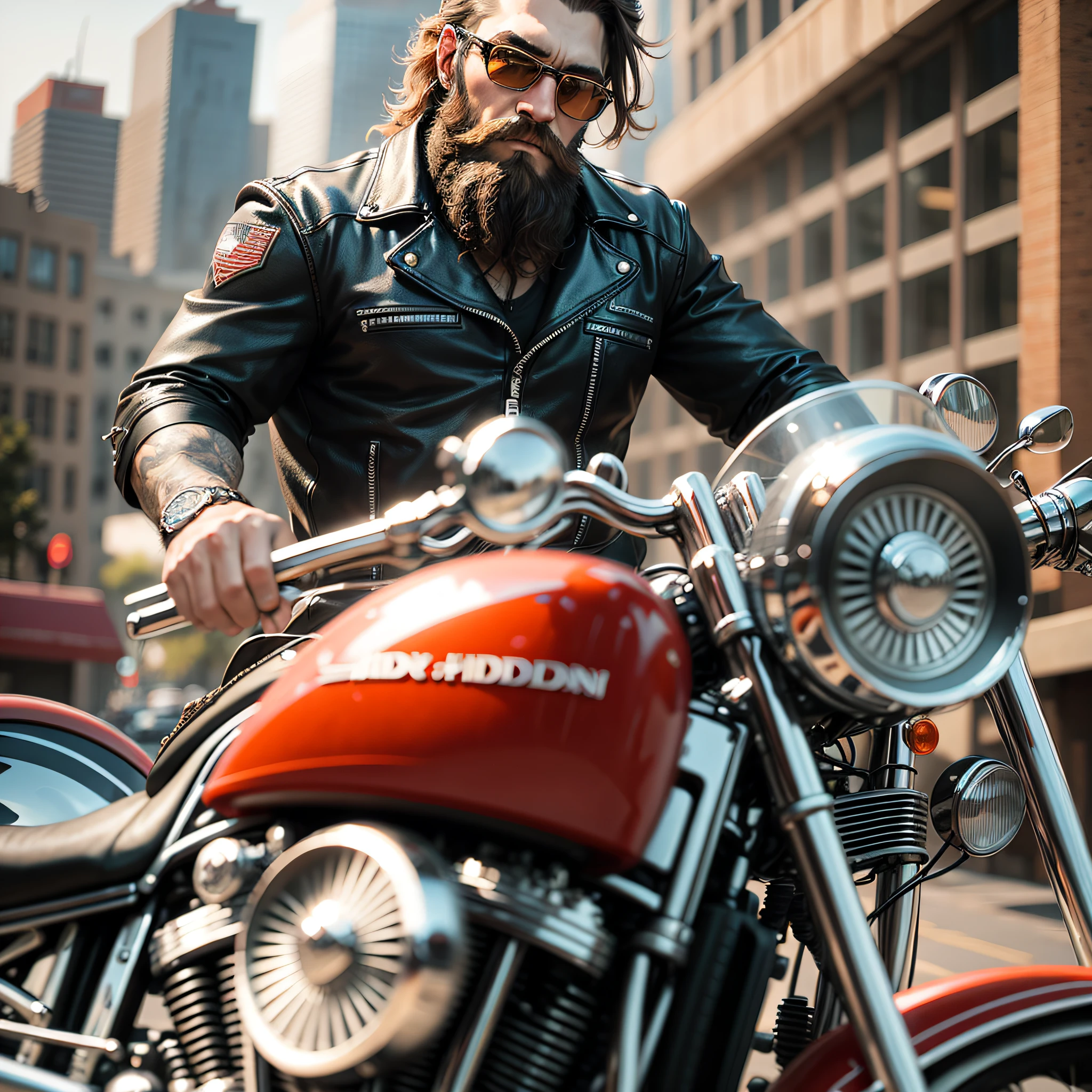 bearded man on a Harley-Davidson motorcycle, serious, elegant, highly detailed, sharp focus, 3d, photorealistic, film photography --auto --s2