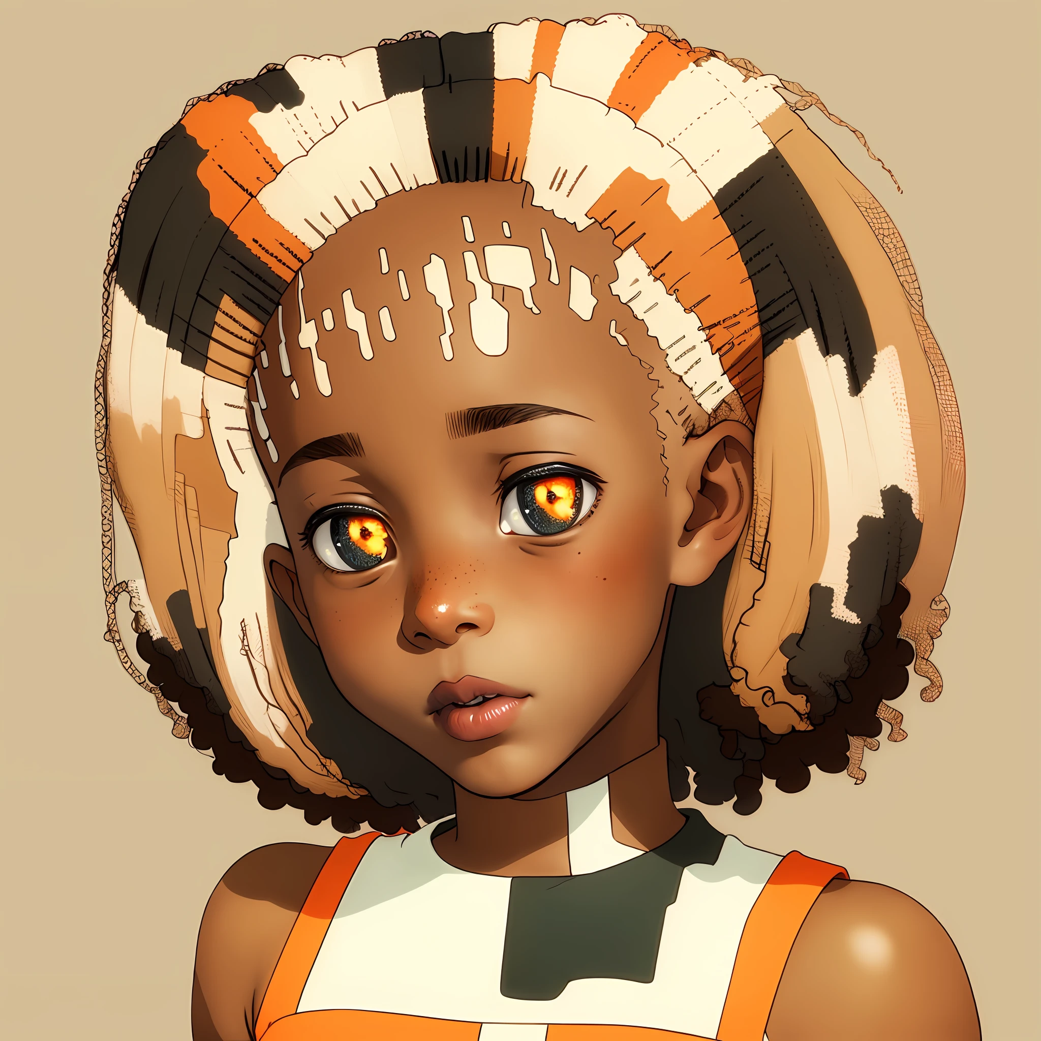 A black-skinned girl with freckles and lighter patches of skin tone sound due to vitiligo. Their eyes have a light brown hue and slightly pulled shape, similar to Asian eyes. Her hair is voluminous, curly, shoulder-length, with a discolored fringe of white color, while the rest of her hair has an orange tint.