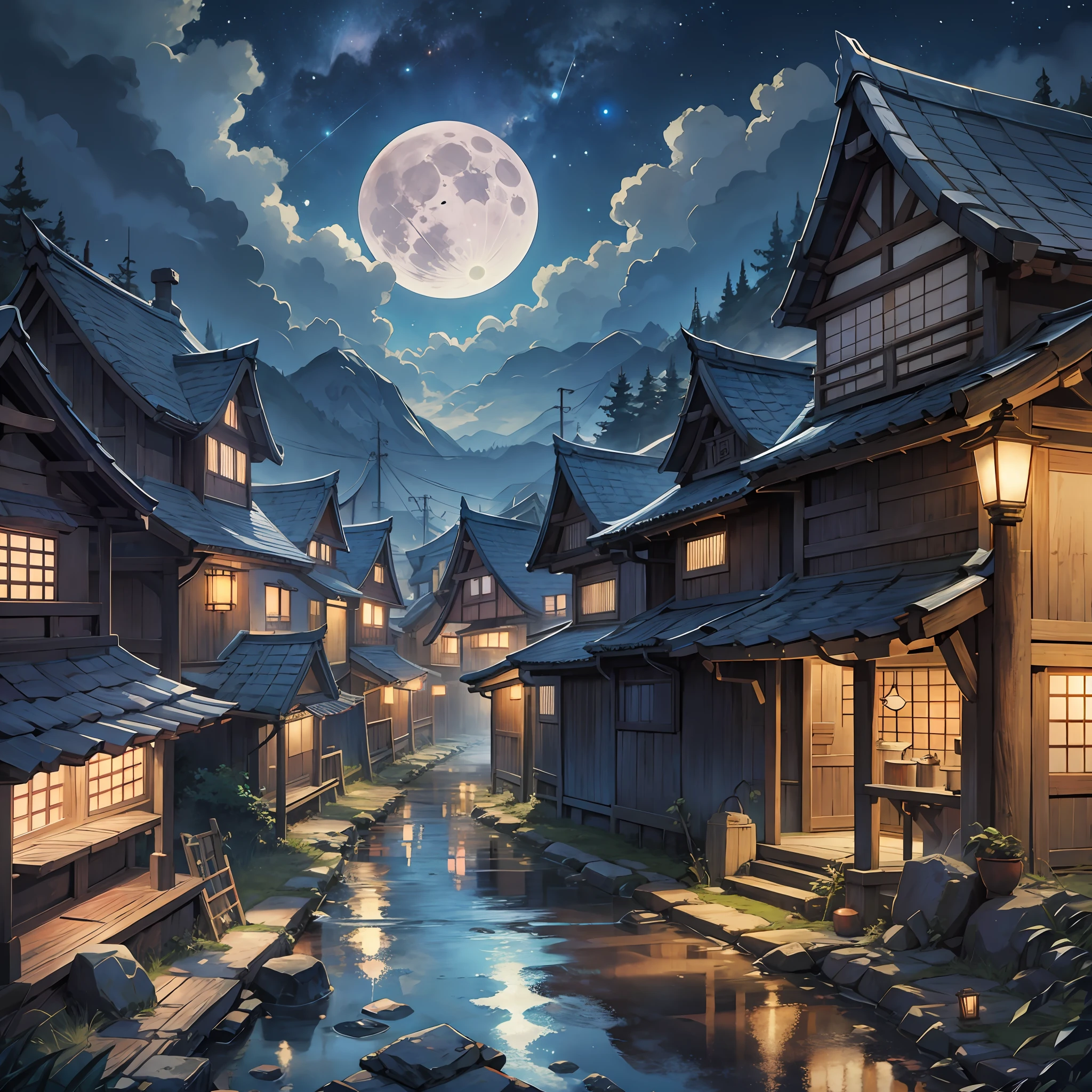 Yokai village, night sky, full moon, realistic, Full HD, best quality