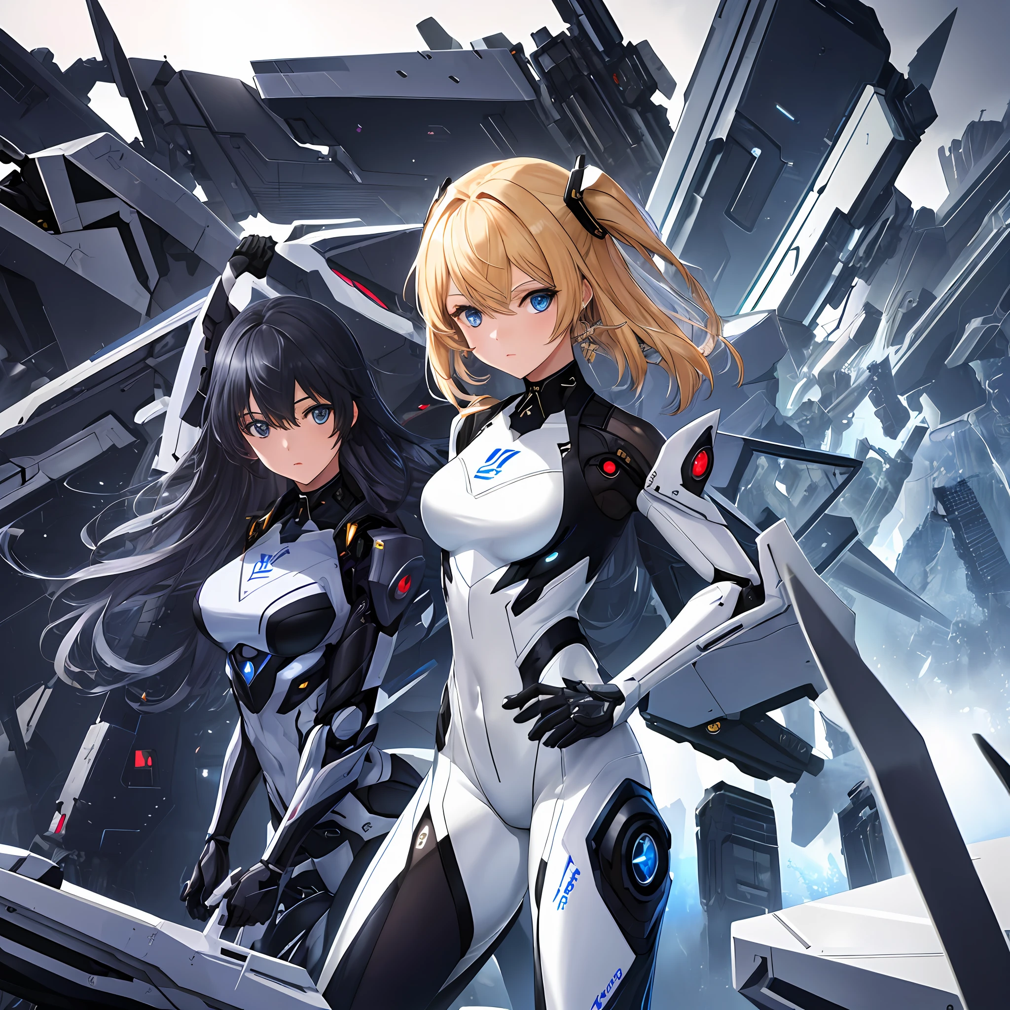 (transcendent beautiful multiple girls:1.5), BREAK, absurdres, very precise detailed, extremely detailed 8K wallpaper, (detailed and beautiful eyes:1.2), BREAK, bodysuit,(group shot:1.5),(machine made joints, machanical limbs:1.2), five fingers, dynamic angle, yuri, futuristic world, cyber punk,