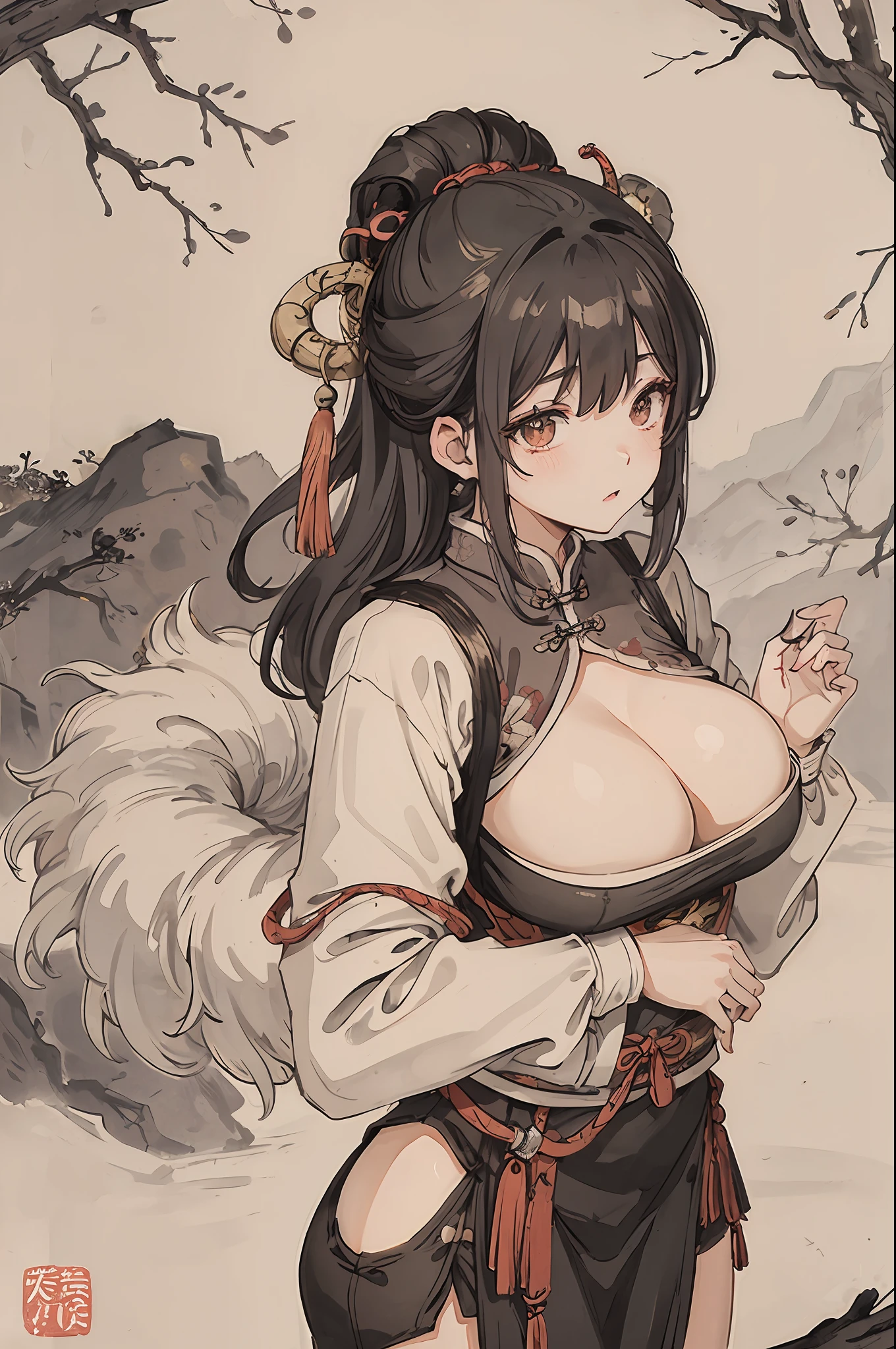 (masterpiece, best quality: 1.2), traditional Chinese ink painting, A cute 18 year old female with big breasts