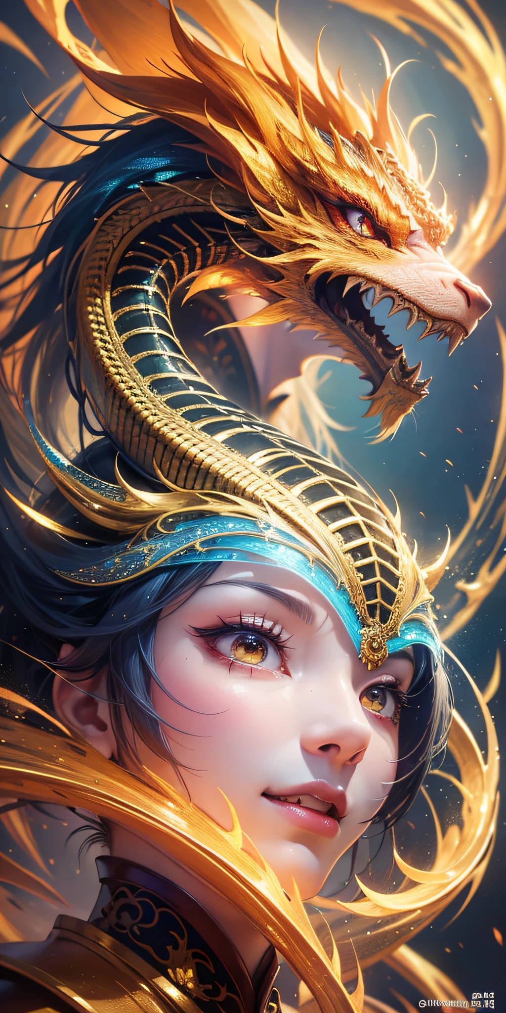 Official Art, Unity 8k Wallpaper, Ultra Detailed, Beautiful and Aesthetic, Masterpiece, Best Quality, Chinese Dragon, (Fractal Art: 1.4), Chinese Dragon, Very Detailed, Dynamic Angle, cowboyshot, (Most Beautiful Form Chaos), Flowing, (Bright Colors), OC, (Bust: 1.2), Chinese, (Thangka Feitian: 1.5), (Ribbon: 1.3), (Dream: 1.5), (Hanfu: 1.5), Chinese Dragon, (Smile: 0.5), (Chinese Deity),