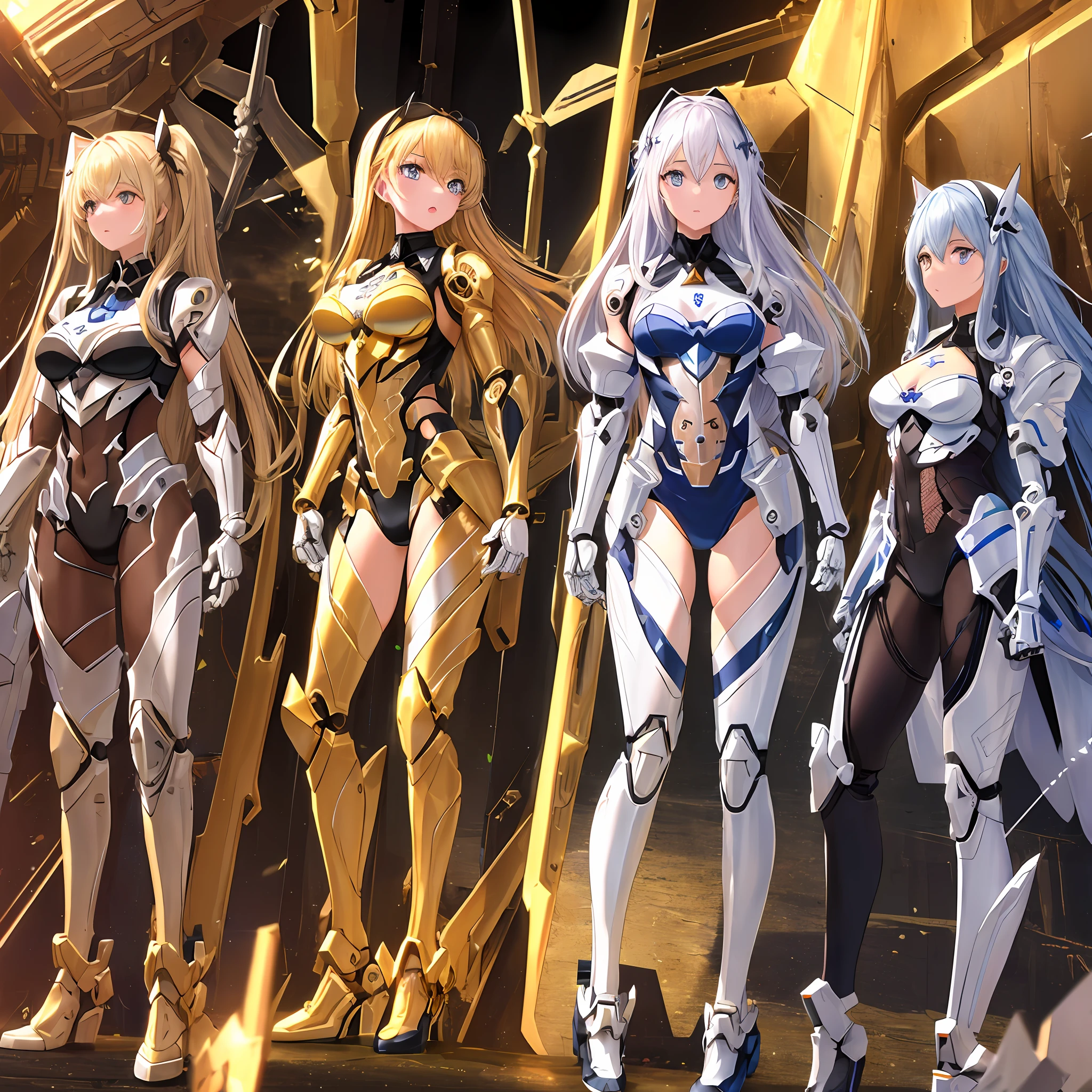 (transcendent beautiful multiple girls:1.5), BREAK, absurdres, very precise detailed, extremely detailed 8K wallpaper, (detailed and beautiful eyes:1.2), BREAK, bodysuit,(group shot:1.5),(machine made joints, machanical limbs:1.4), five fingers, dynamic angle, yuri,